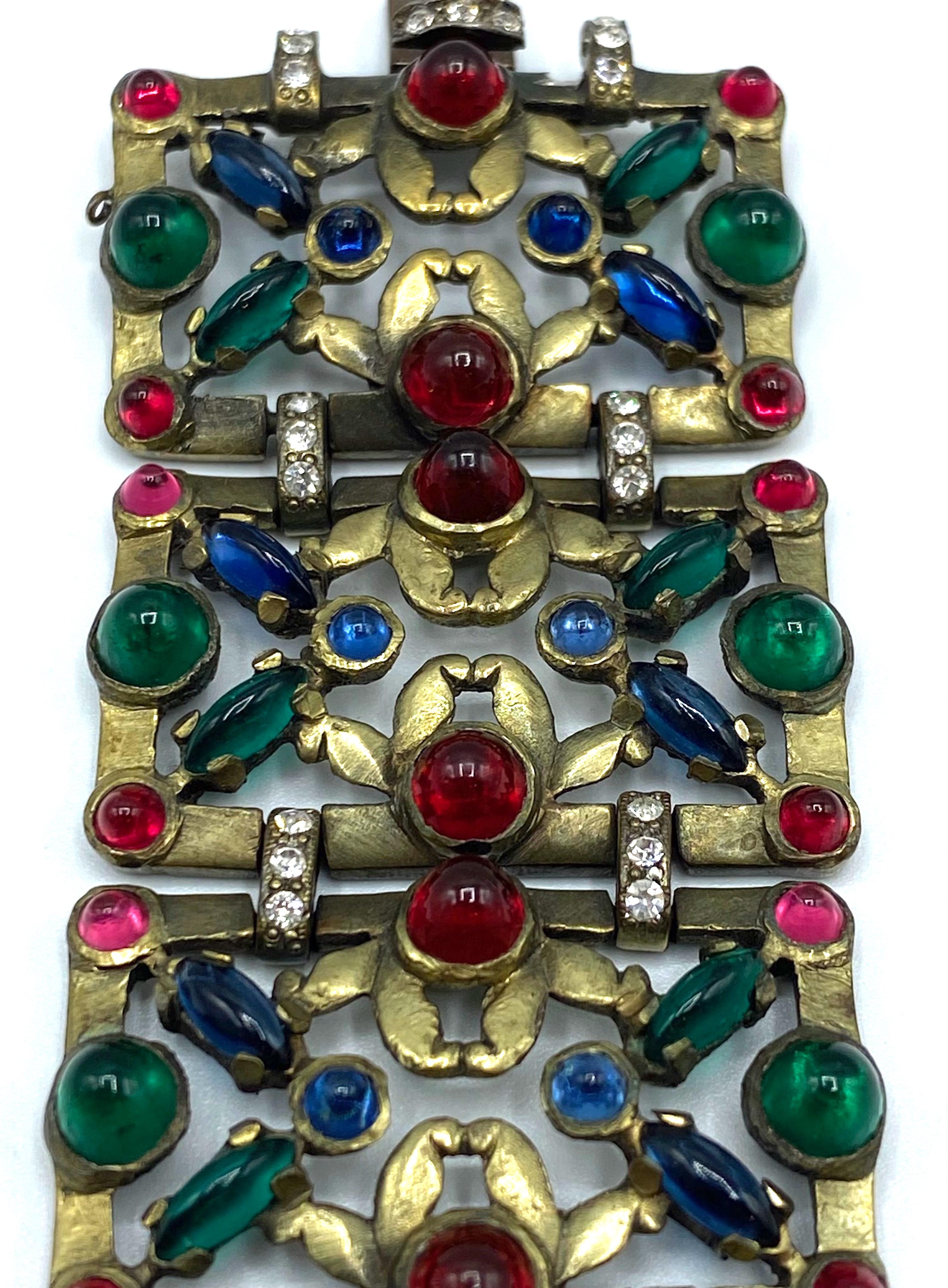 1930s Czech Art Deco Patinated Gold with Red, Blue & Green Cabochon Bracelet 4