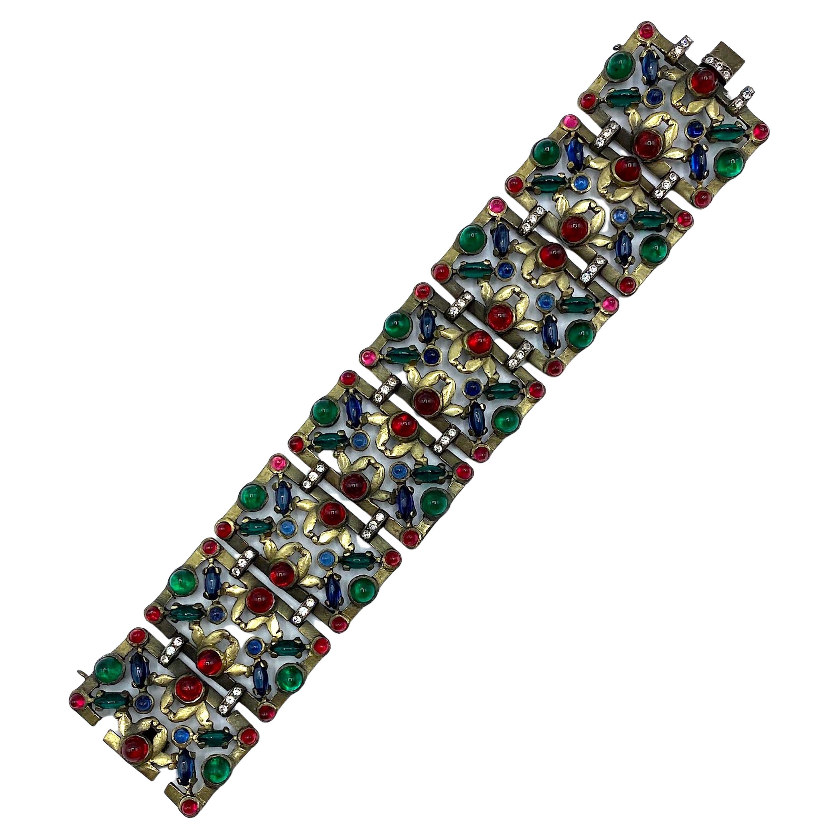 1930s Czech Art Deco Patinated Gold with Red, Blue & Green Cabochon Bracelet