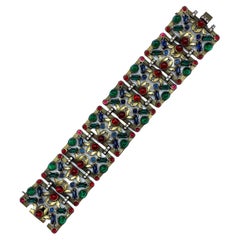 1930s Czech Art Deco Patinated Gold with Red, Blue & Green Cabochon Bracelet