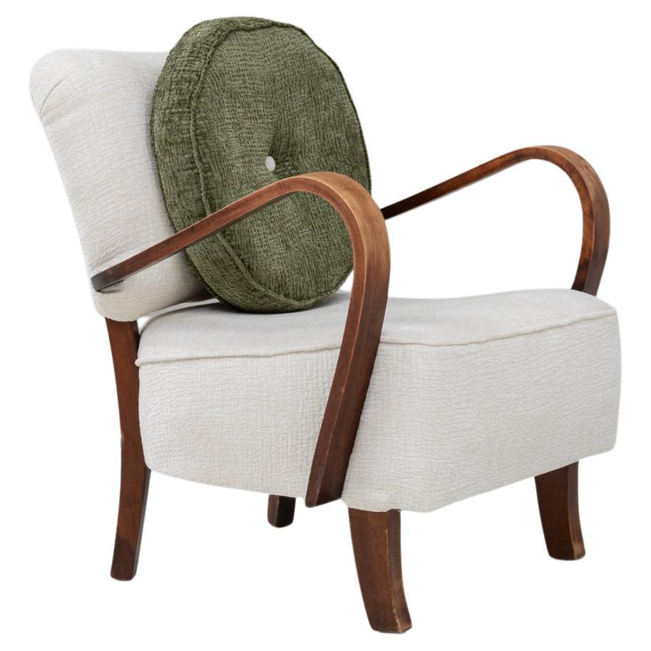 1930s Czech Art Deco Upholstered Armchair With Round Pillow