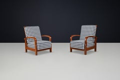 1930s Czech Art Deco Walnut Reclining Armchairs with Houndstooth Upholstery.