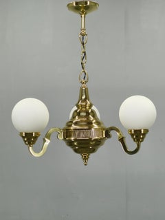1930s Czech Neo-Baroque Brass Chandelier with Opaline Glass Globes