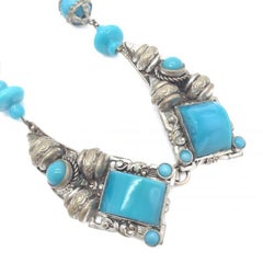 1930S Czech Vintage Turquoise Glass Filigree Necklace Front Fastening