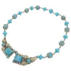 1930S Czech Vintage Turquoise Glass Filigree Necklace Front Fastening