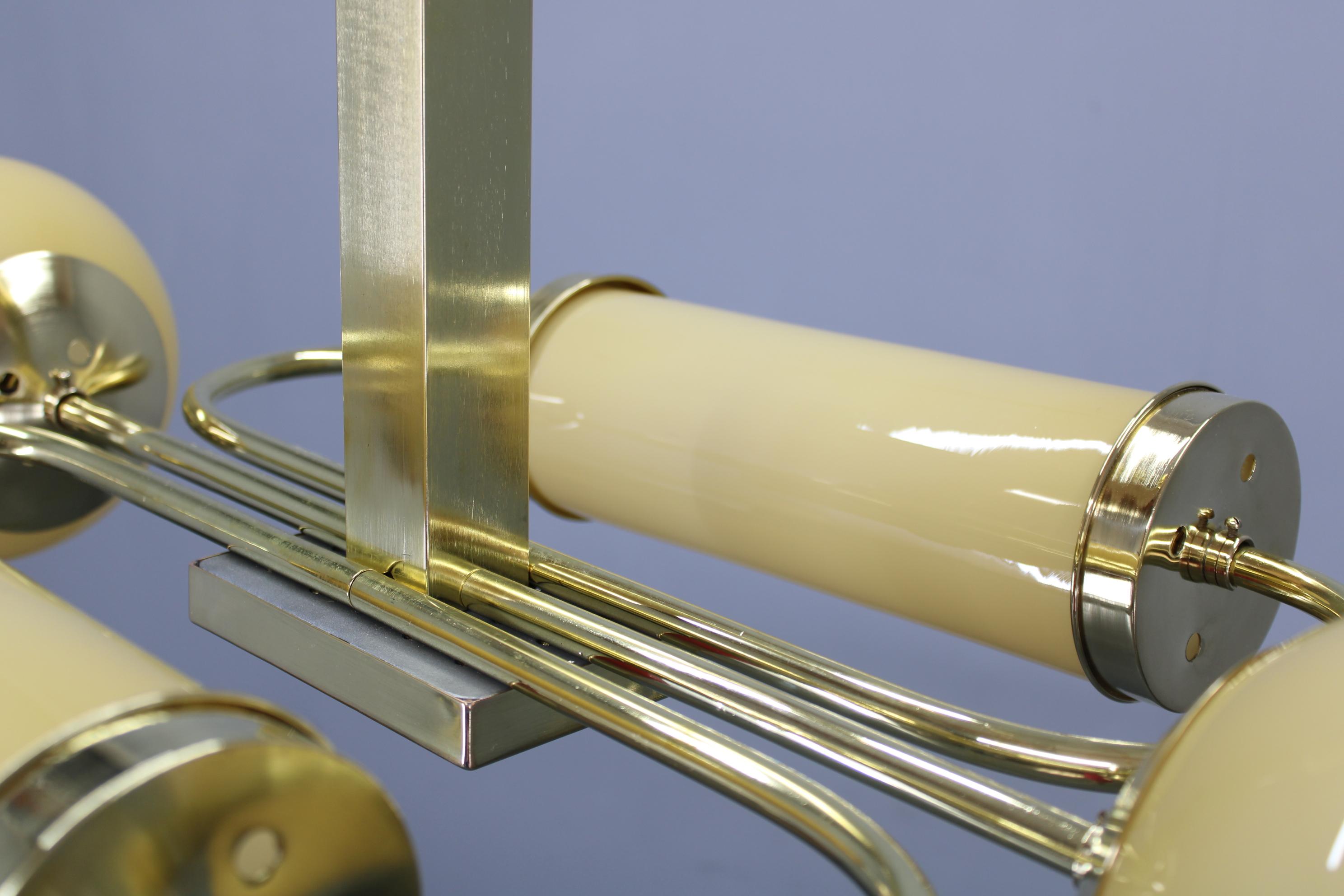 Metallo 1930s Czechoslovak Art Deco Brass Chandelier with Globe and Opaline Shades in vendita