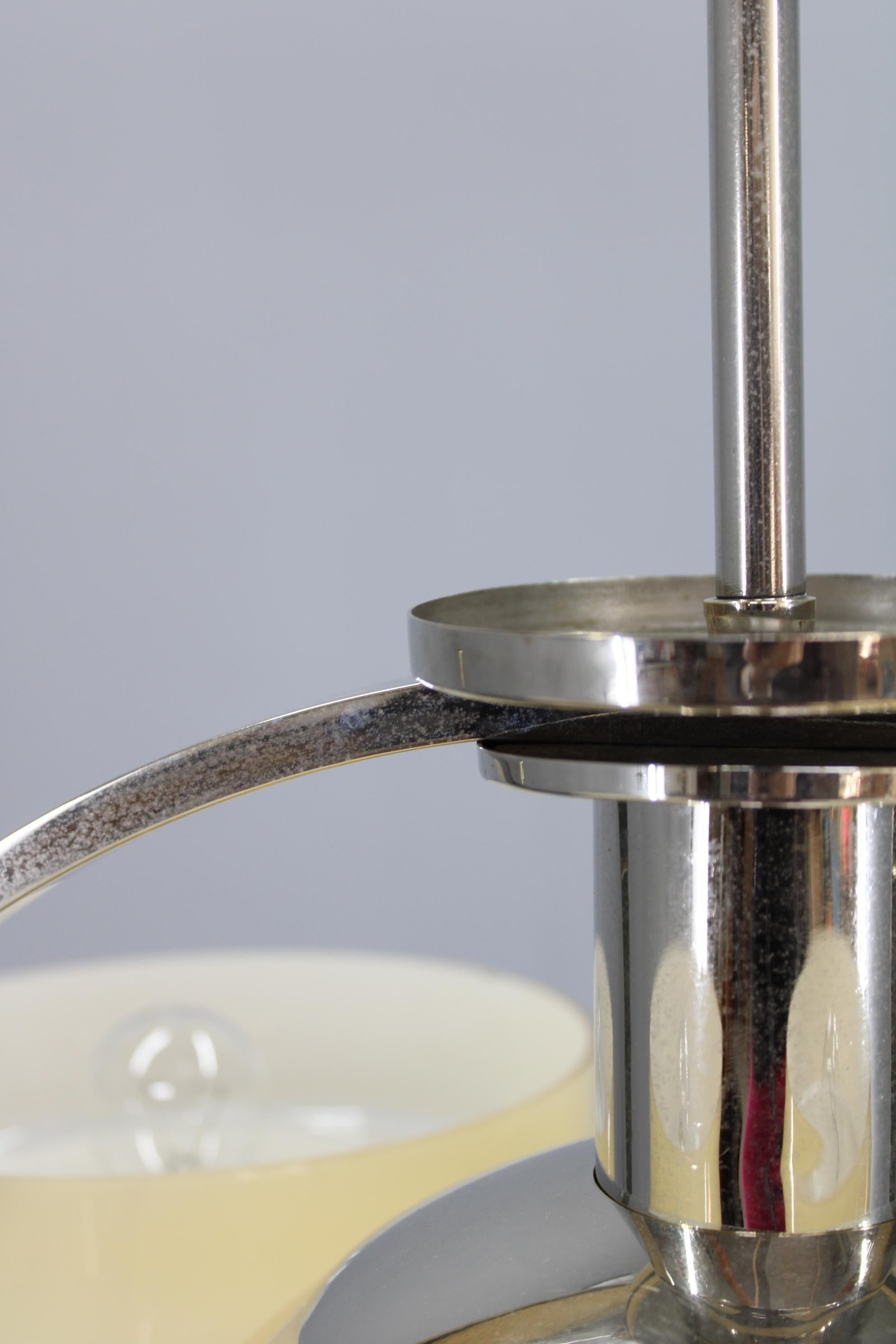 Metà XX secolo 1930s Czechoslovak Art Deco Chrome Chandelier with Five Opaline Beige–Cream Glas in vendita