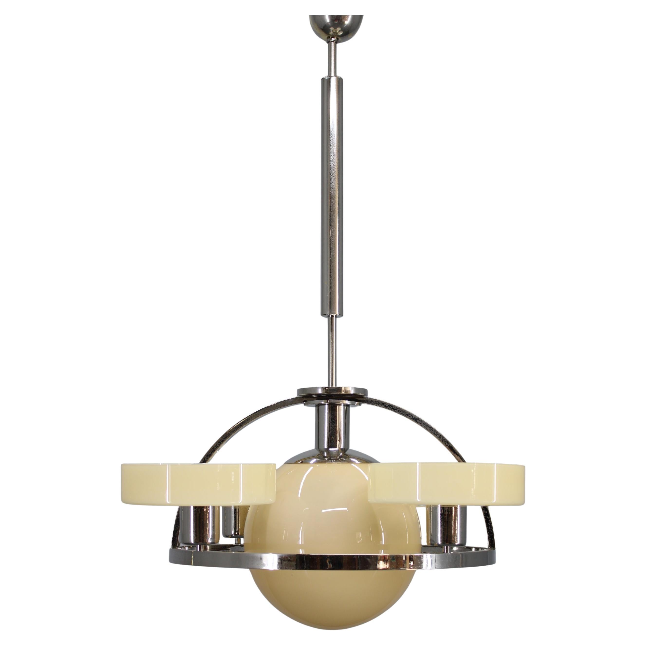 1930s Czechoslovak Art Deco Chrome Chandelier with Five Opaline Beige–Cream Glas