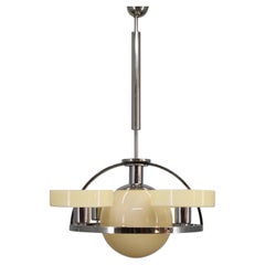 1930s Czechoslovak Art Deco Chrome Chandelier with Five Opaline Beige–Cream Glas