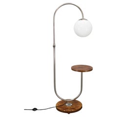 1930s Czechoslovak Art Deco Chrome Floor Lamp with Milk Glass Globe and Table 1930s Czechoslovak Art Deco Chrome Floor Lamp with Milk Glass Globe and Table