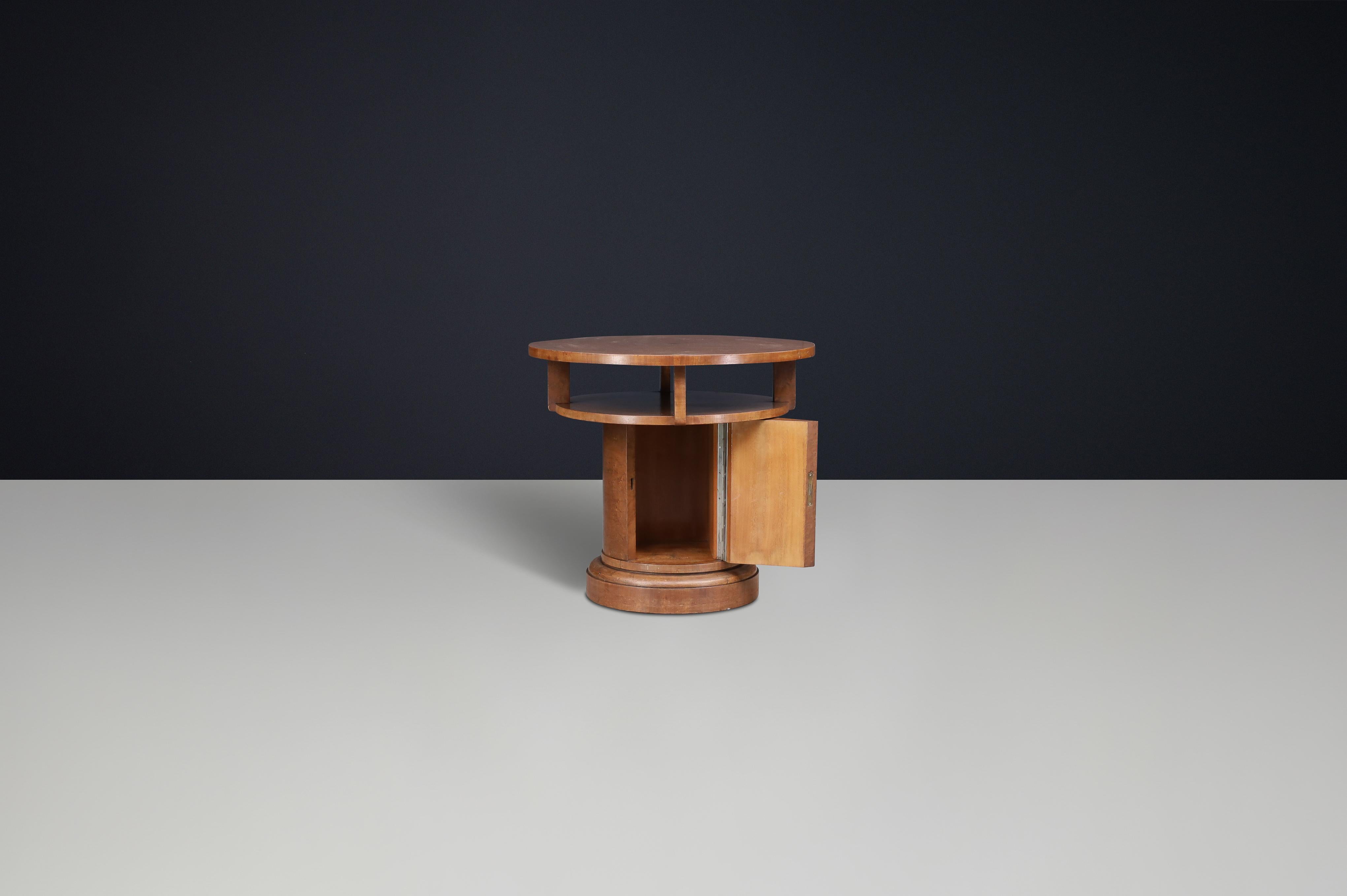 Mid-20th Century 1930s Czechoslovak Art Deco Round Birch Pedestal Table with Storage. For Sale