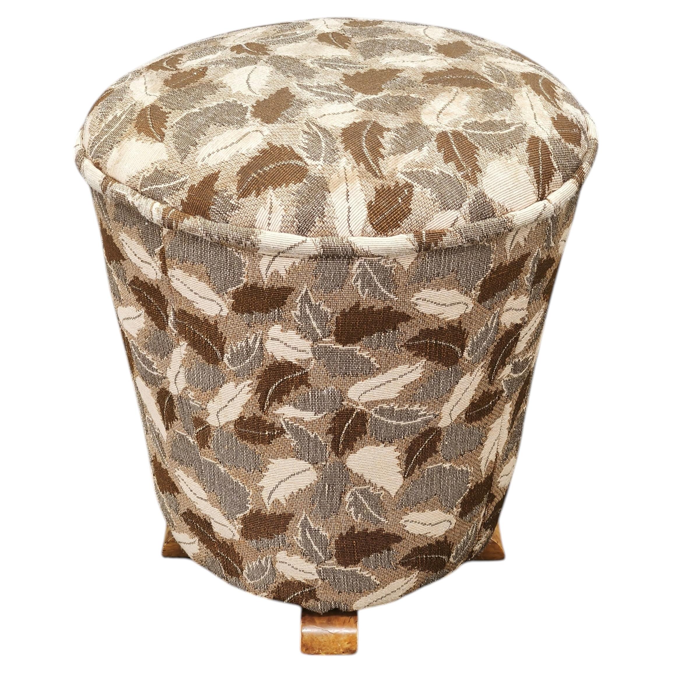1930s Czechoslovak Art Deco Upholstered Round Tabouret Stool For Sale