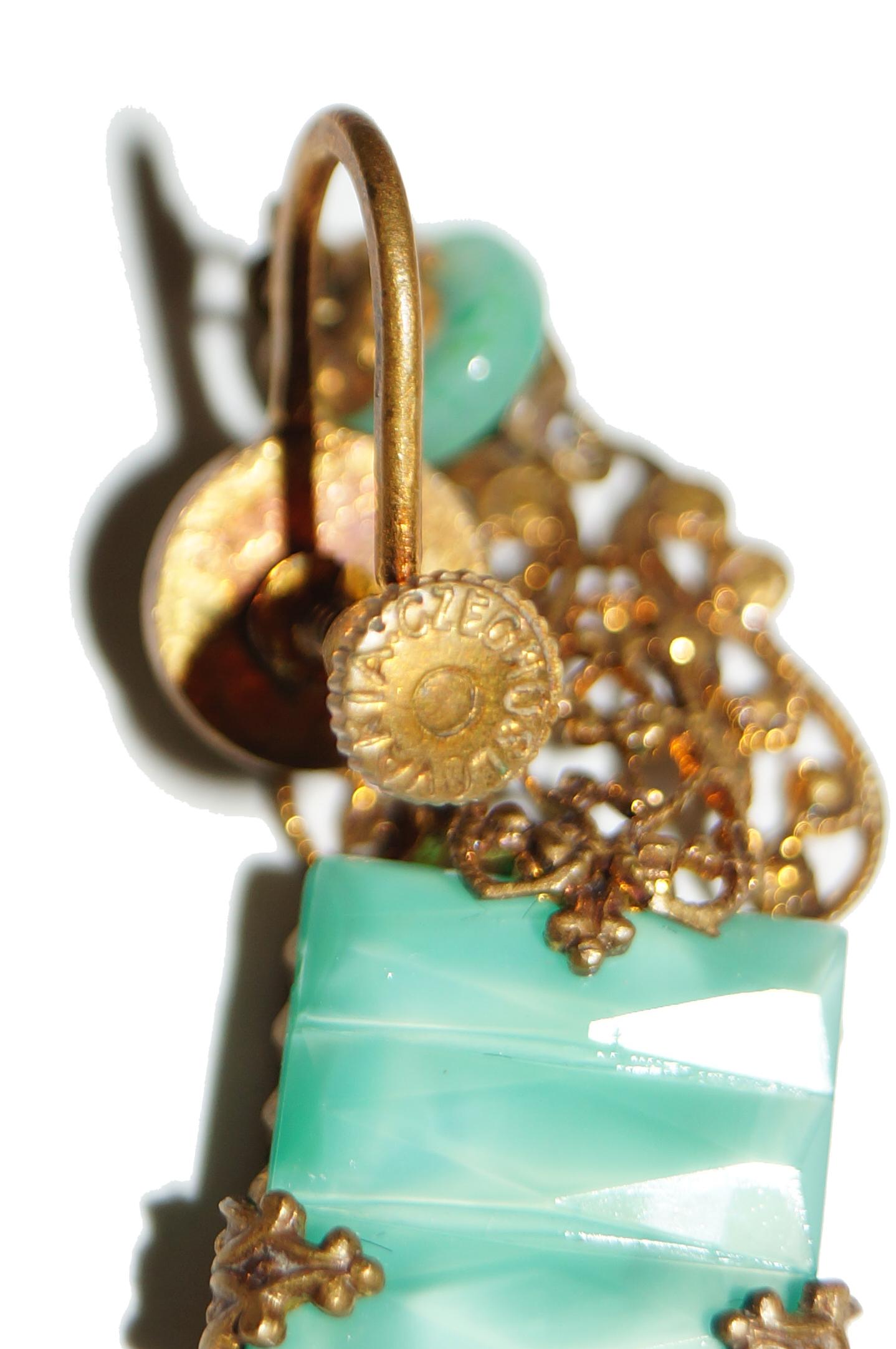 1930s Czechosolvakian Jade Glass Demi Parure with Filigree Details  For Sale 1