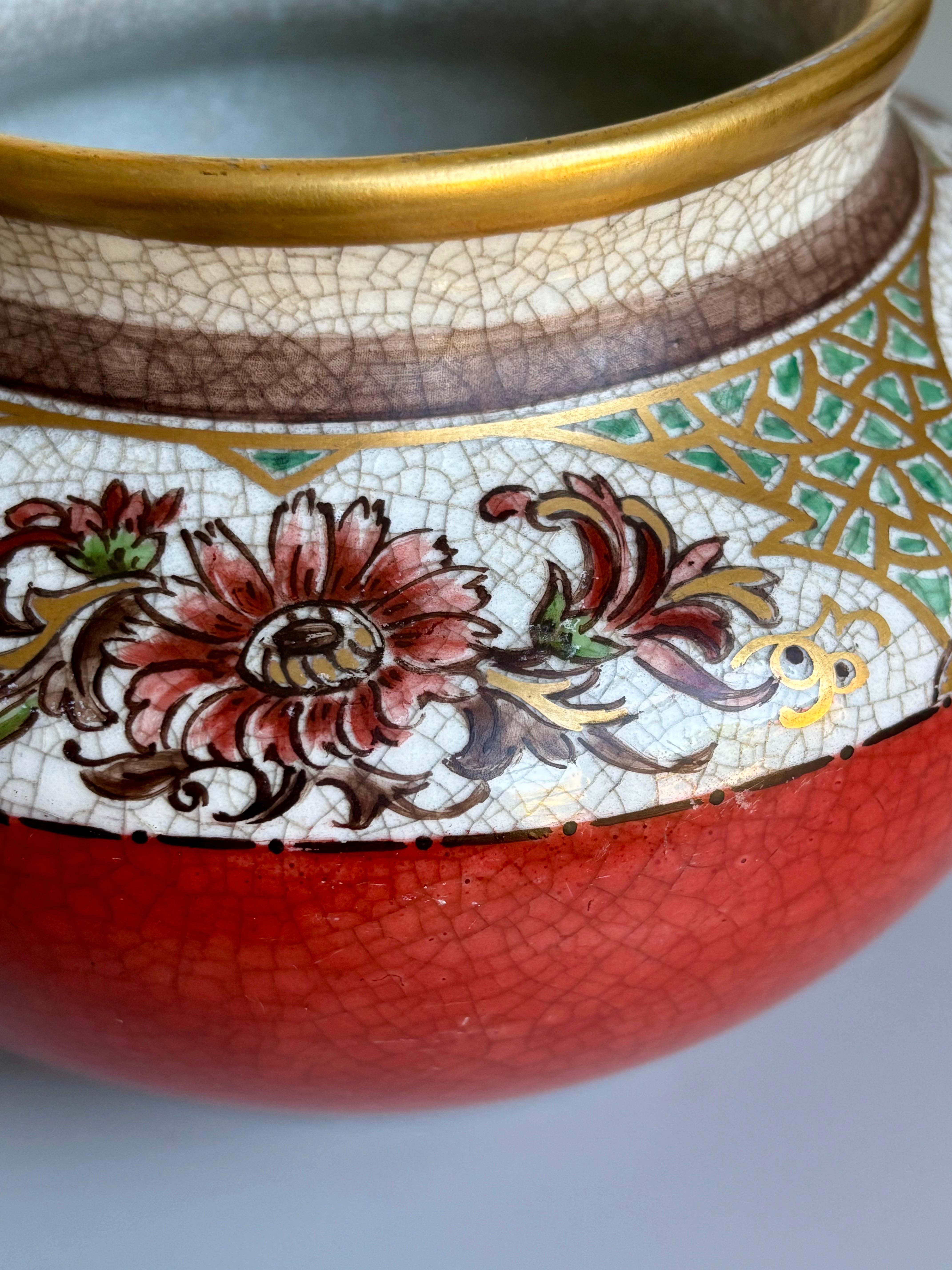 Vase à glaçure craquelée florale rouge brûlé Dahl Jensen des années 1930 en vente 2