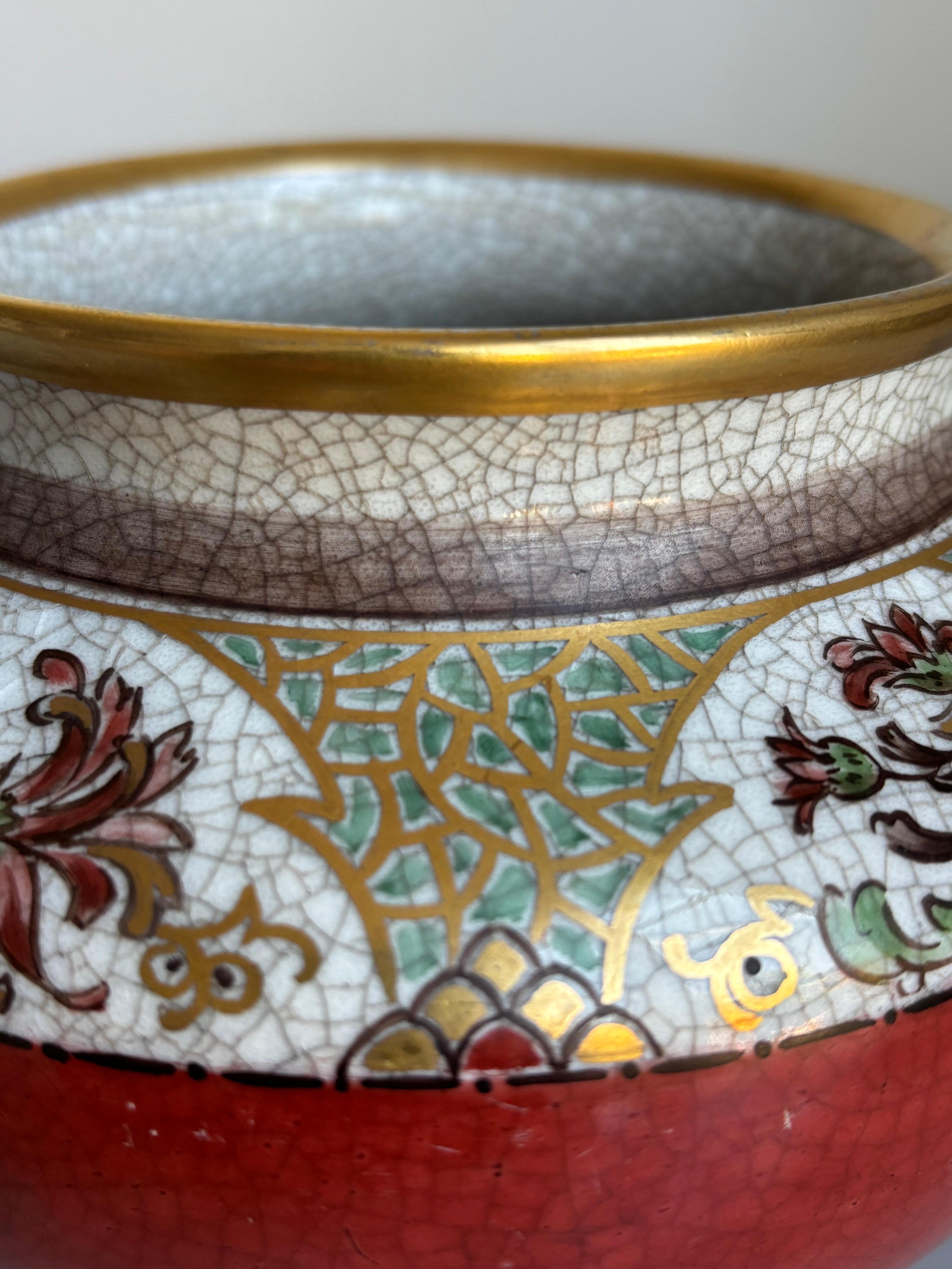 20ième siècle Vase à glaçure craquelée florale rouge brûlé Dahl Jensen des années 1930 en vente