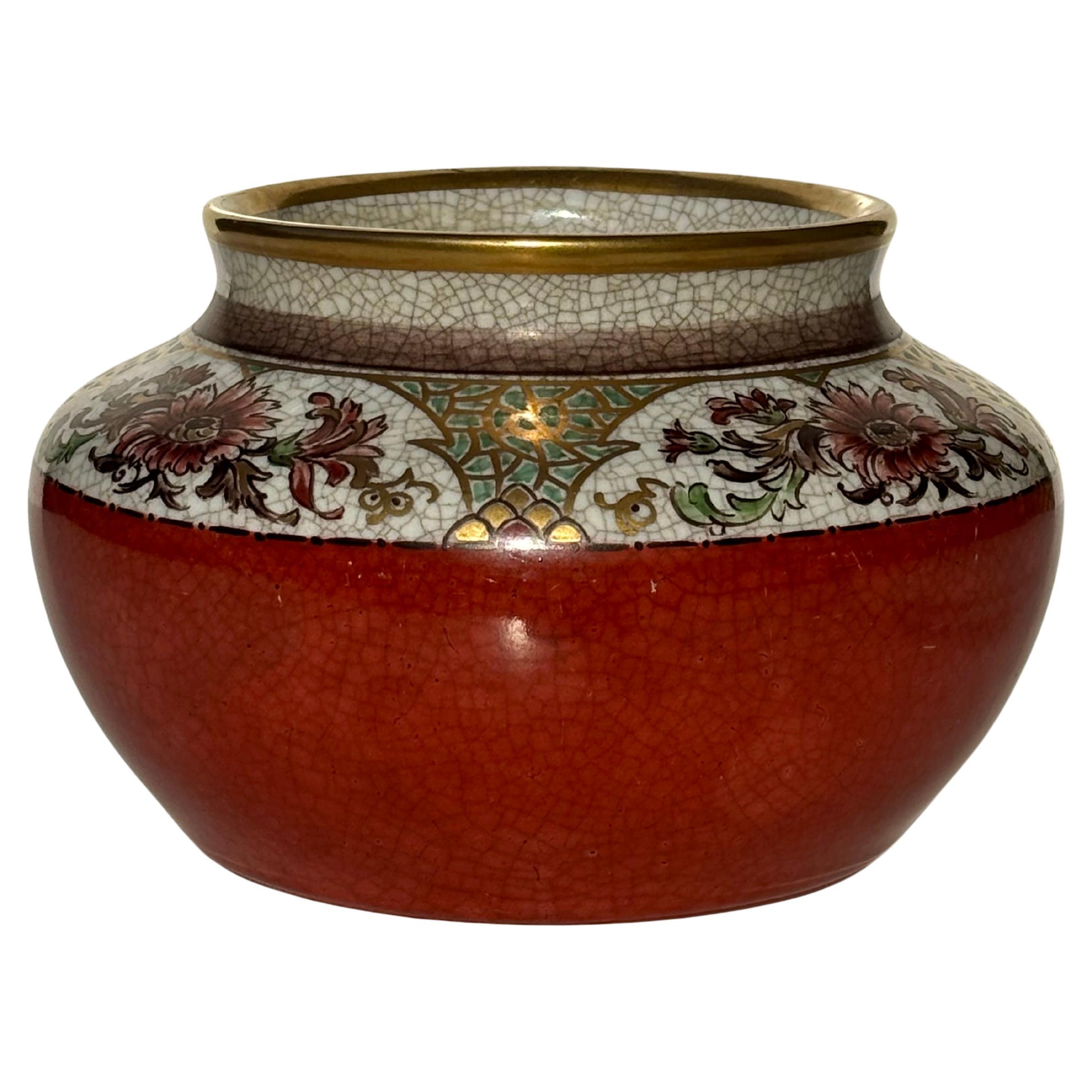 Vase à glaçure craquelée florale rouge brûlé Dahl Jensen des années 1930 en vente