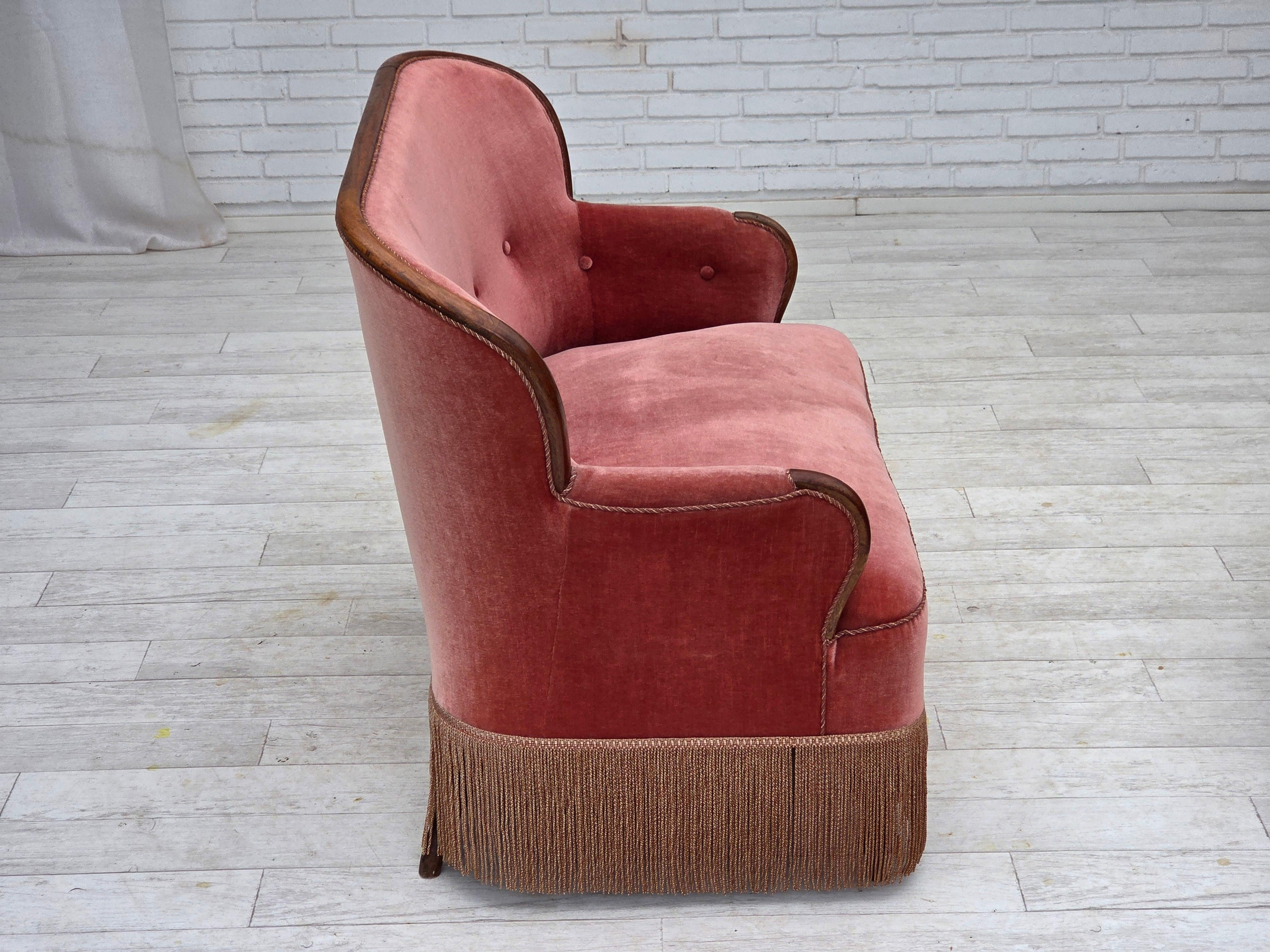 1930s, Danish 2-seater sofa, salmon pink furniture velour, ash wood. 4