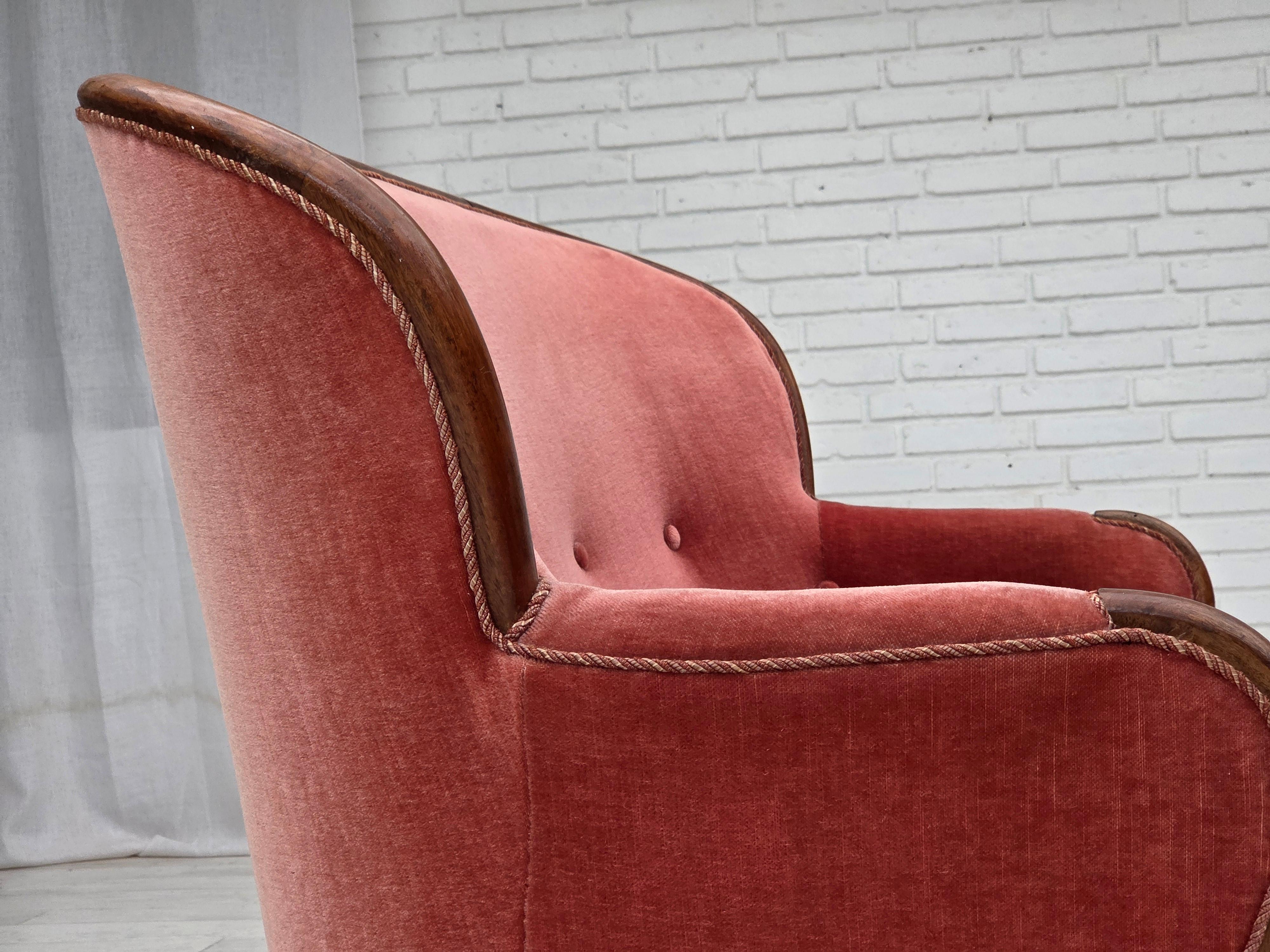 1930s, Danish 2-seater sofa, salmon pink furniture velour, ash wood. 5
