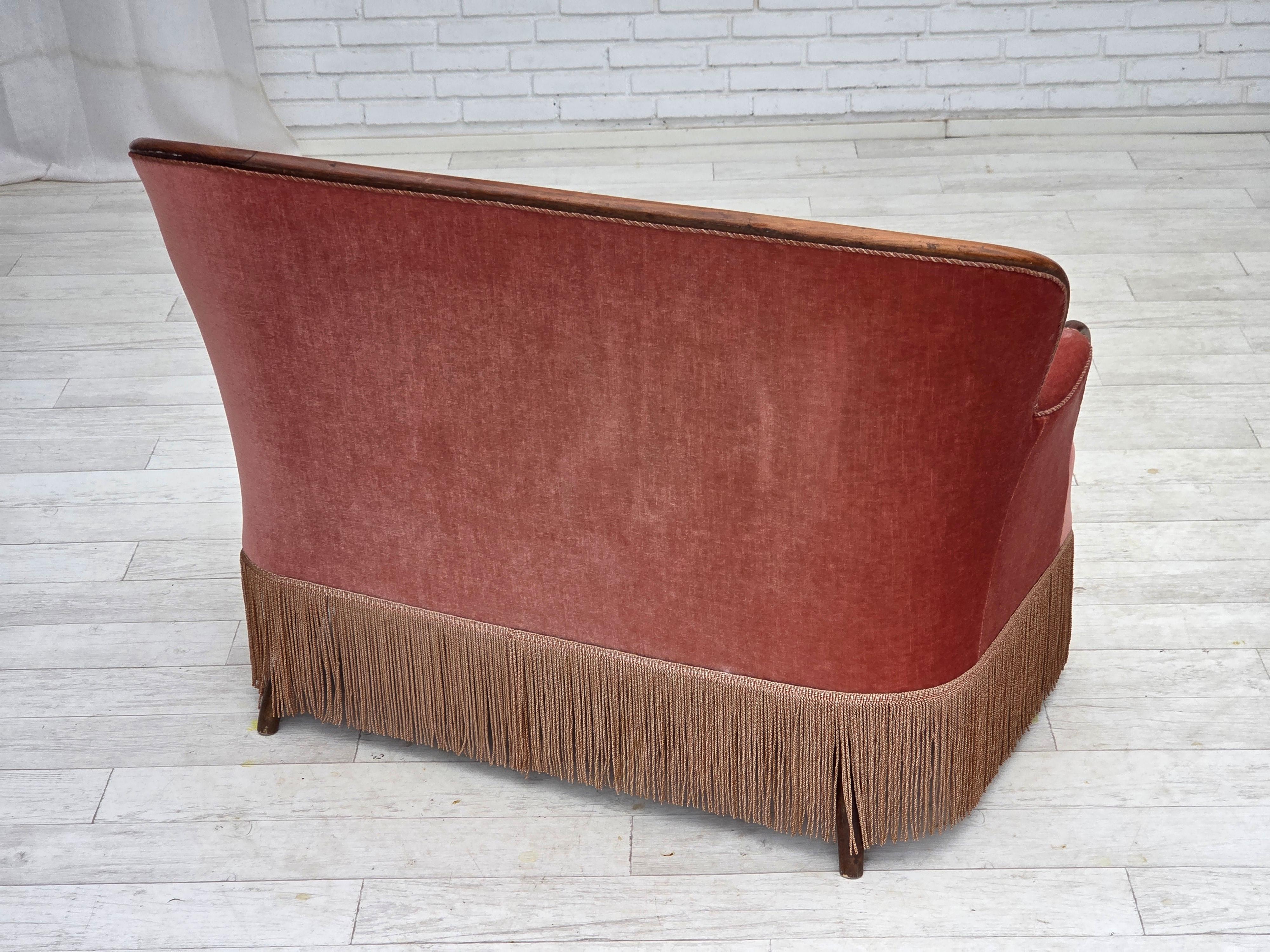 1930s, Danish 2-seater sofa, salmon pink furniture velour, ash wood. 6