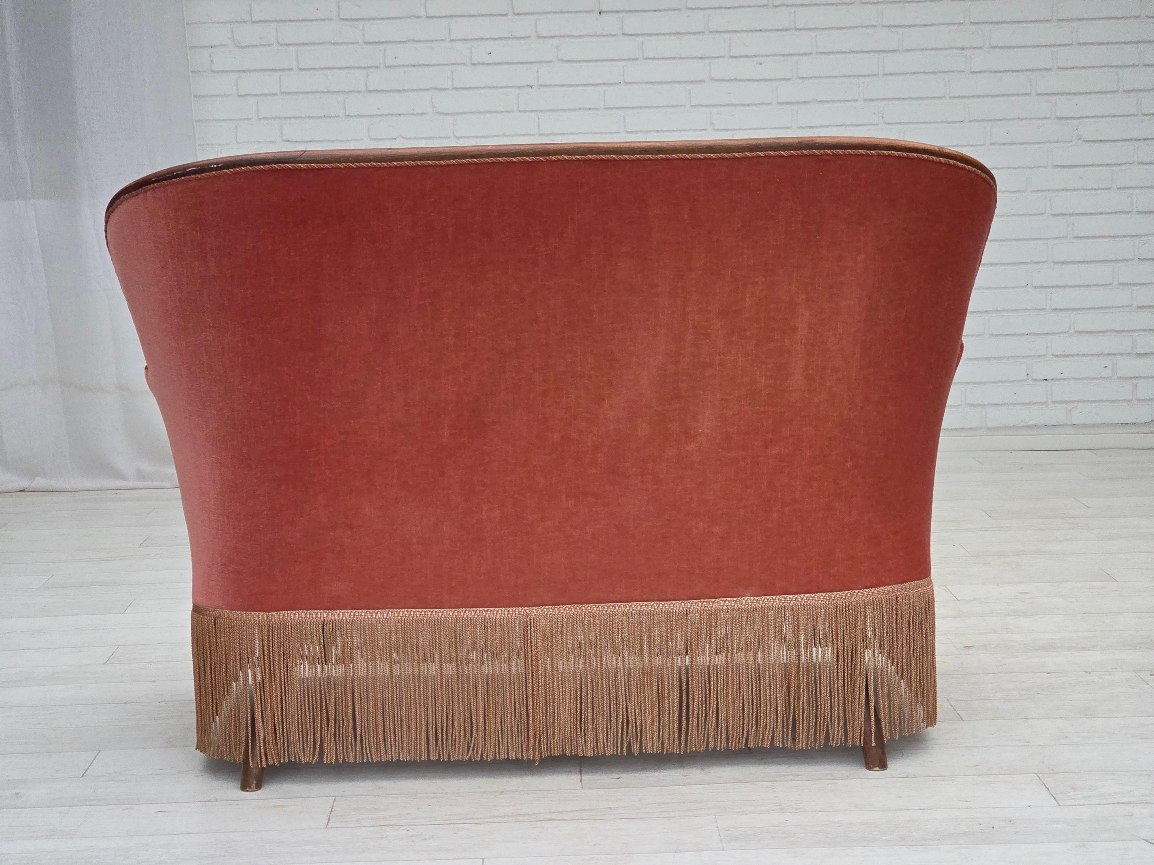 1930s, Danish 2-seater sofa, salmon pink furniture velour, ash wood. 7