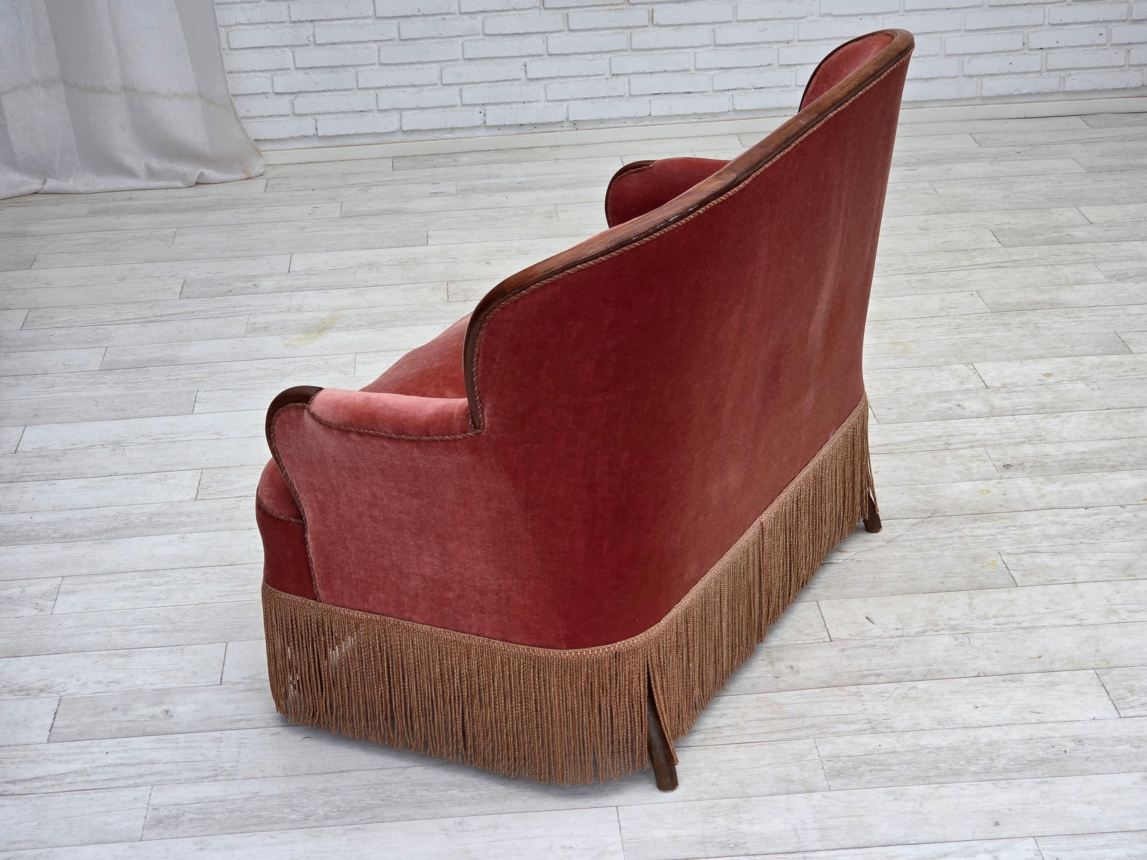 1930s, Danish 2-seater sofa, salmon pink furniture velour, ash wood. 8