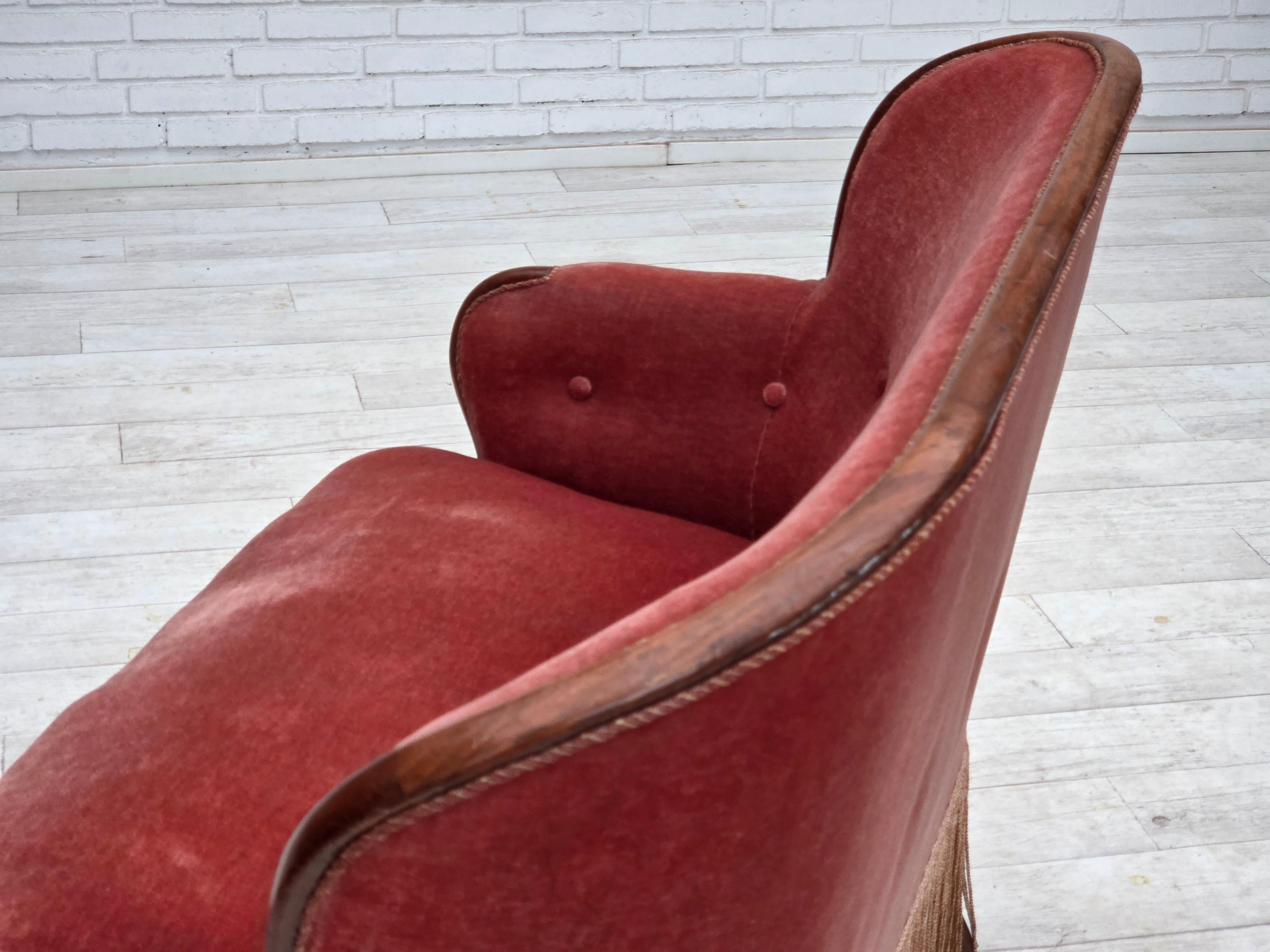 1930s, Danish 2-seater sofa, salmon pink furniture velour, ash wood. 9