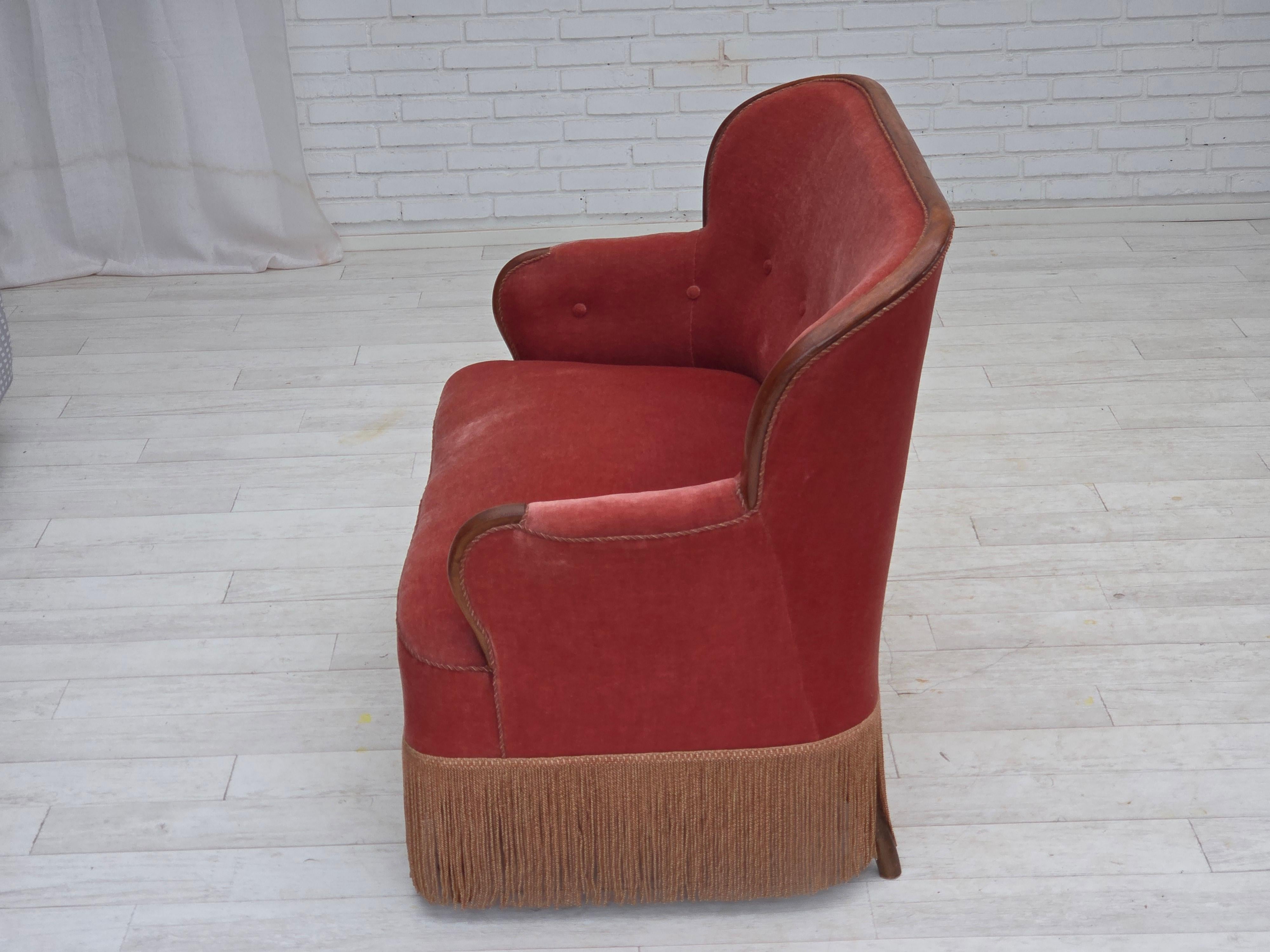 1930s, Danish 2-seater sofa, salmon pink furniture velour, ash wood. 10