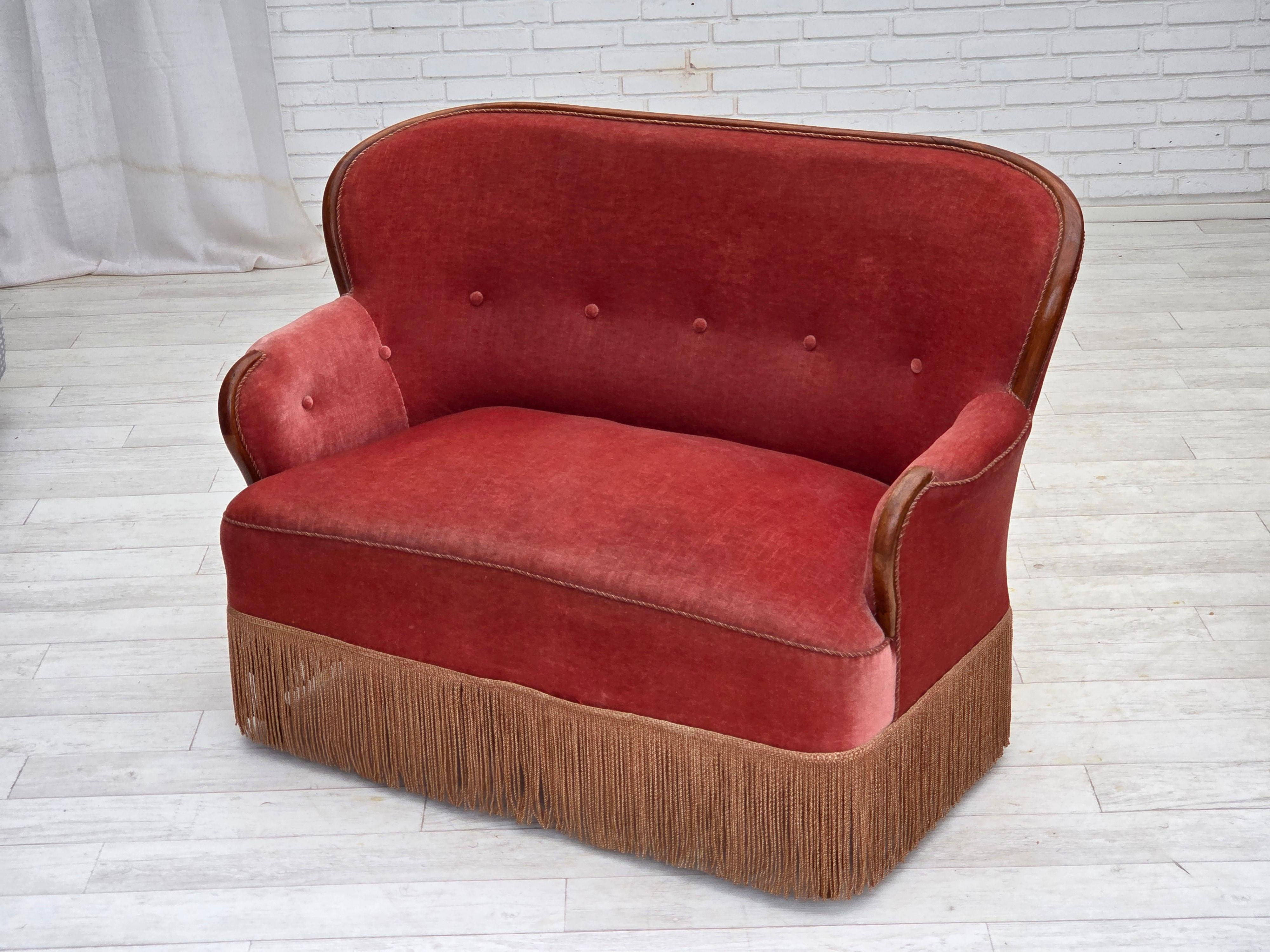 1930s, Danish 2-seater sofa, salmon pink furniture velour, ash wood. 11