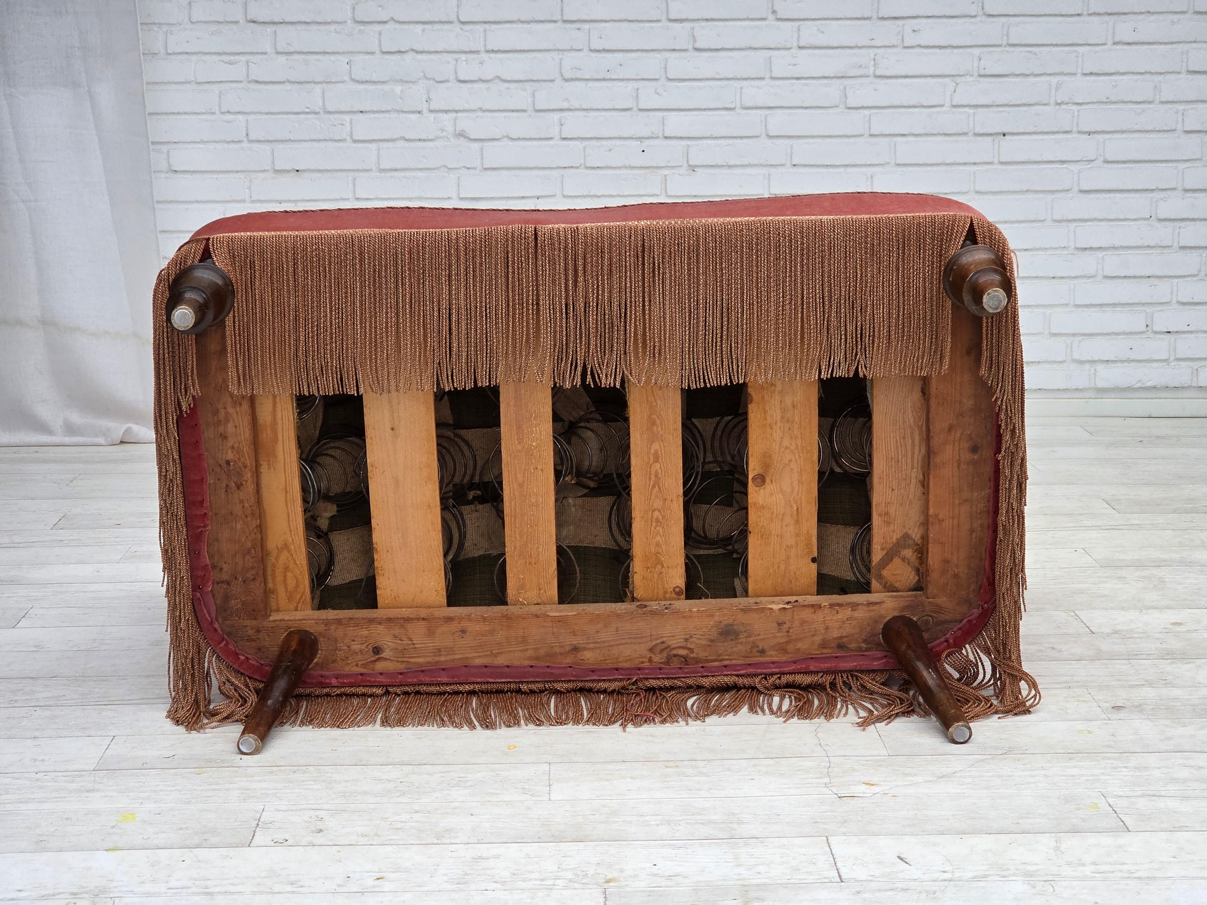 1930s, Danish 2-seater sofa, salmon pink furniture velour, ash wood. 12