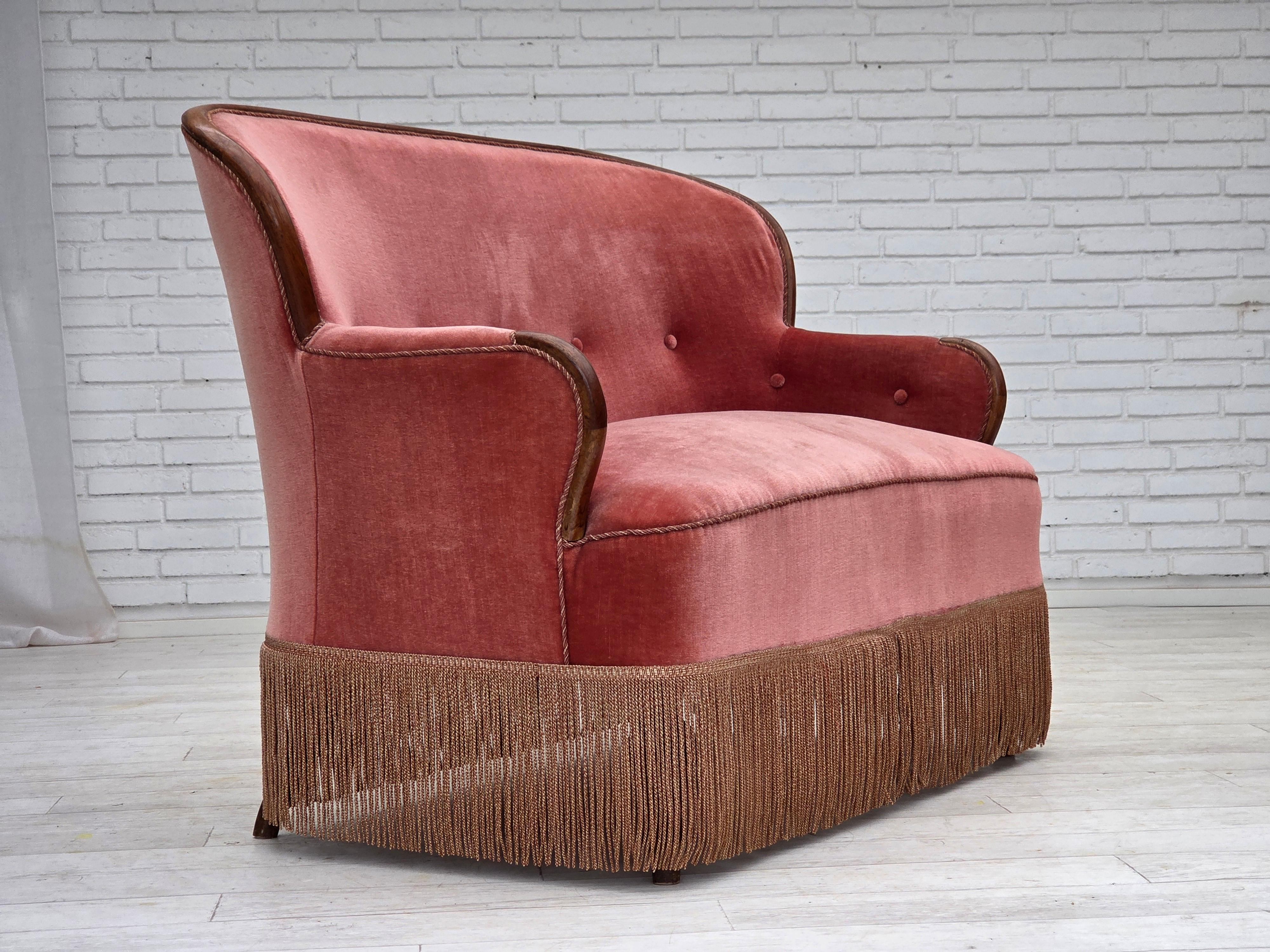 1930s, Danish 2-seater sofa. Salmon pink furniture velour, ash wood, springs in the seat. Sofa was reupholstered by craftsman about 15 years ago. Manufactured by Danish furniture craftsman in about 1930-35s. Original Scandinavian vintage design