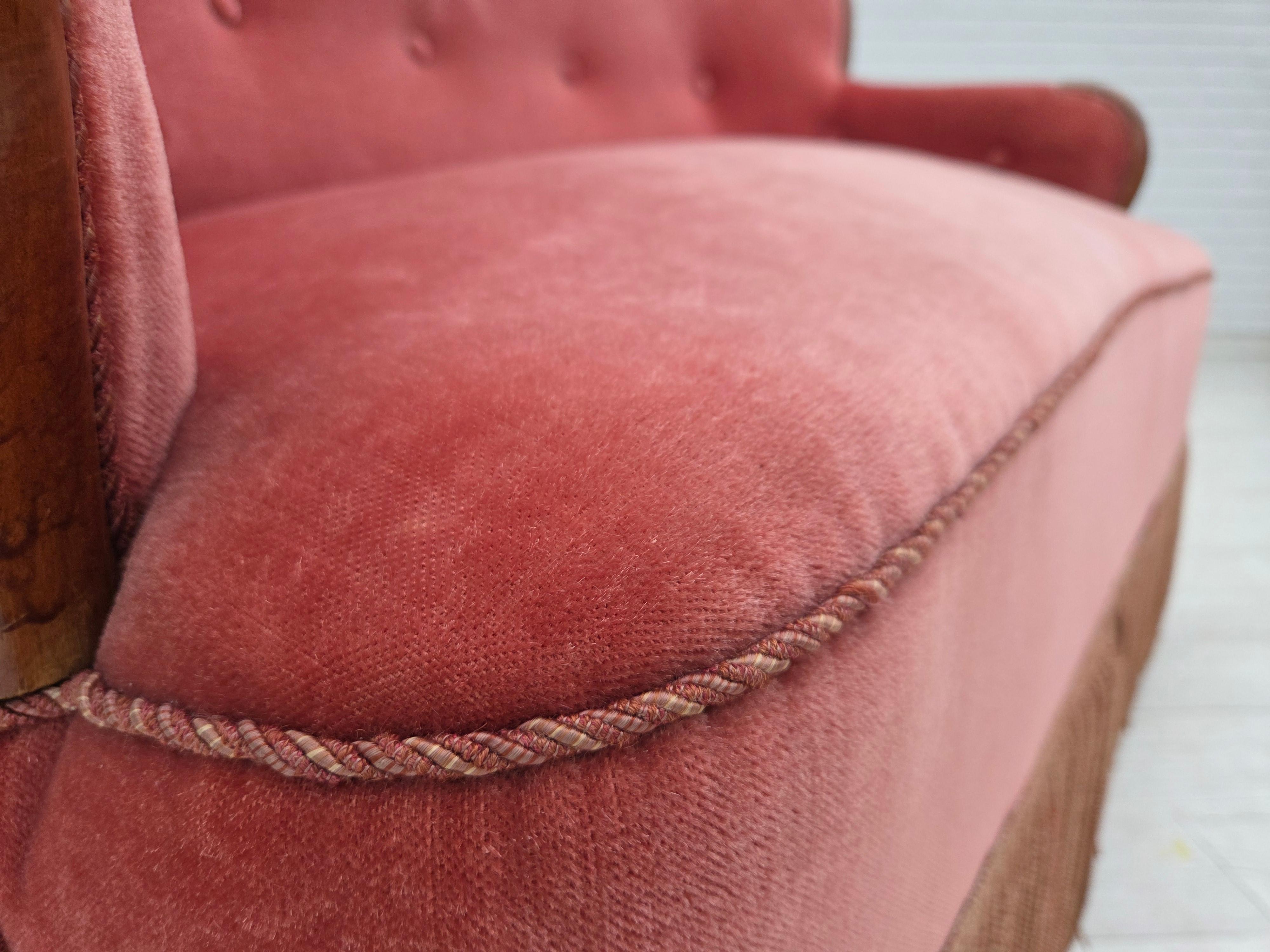 Louis XVI 1930s, Danish 2-seater sofa, salmon pink furniture velour, ash wood.