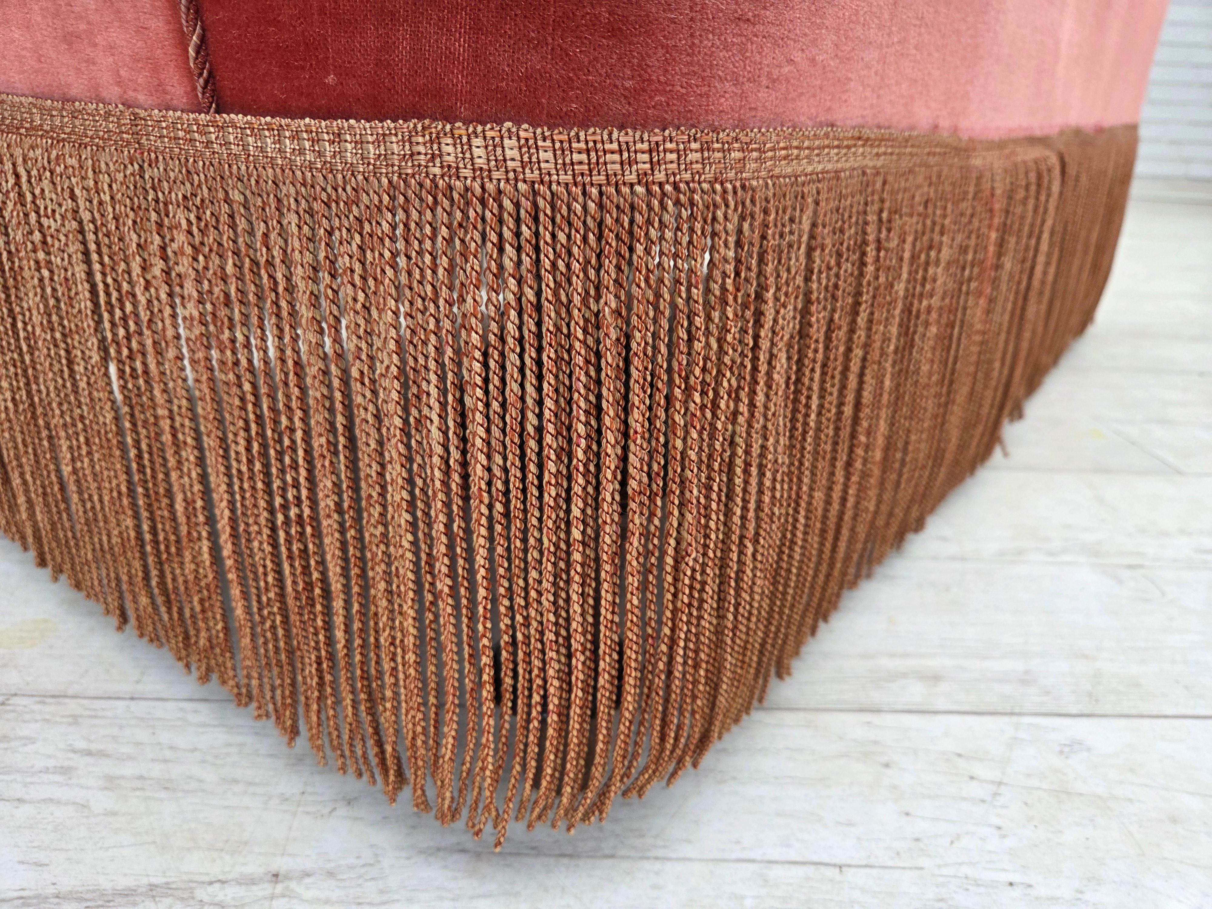 Mid-20th Century 1930s, Danish 2-seater sofa, salmon pink furniture velour, ash wood.