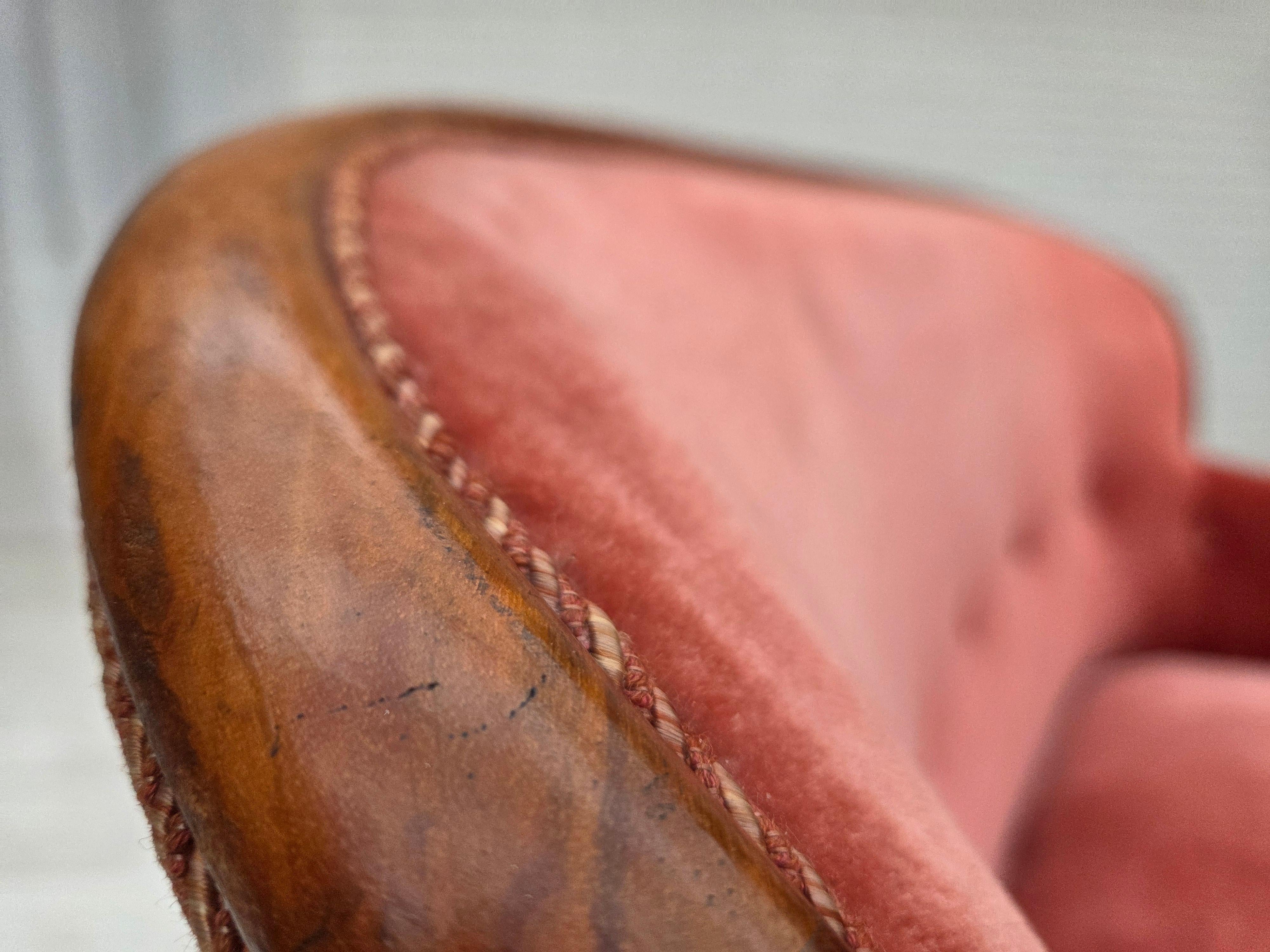Velvet 1930s, Danish 2-seater sofa, salmon pink furniture velour, ash wood.