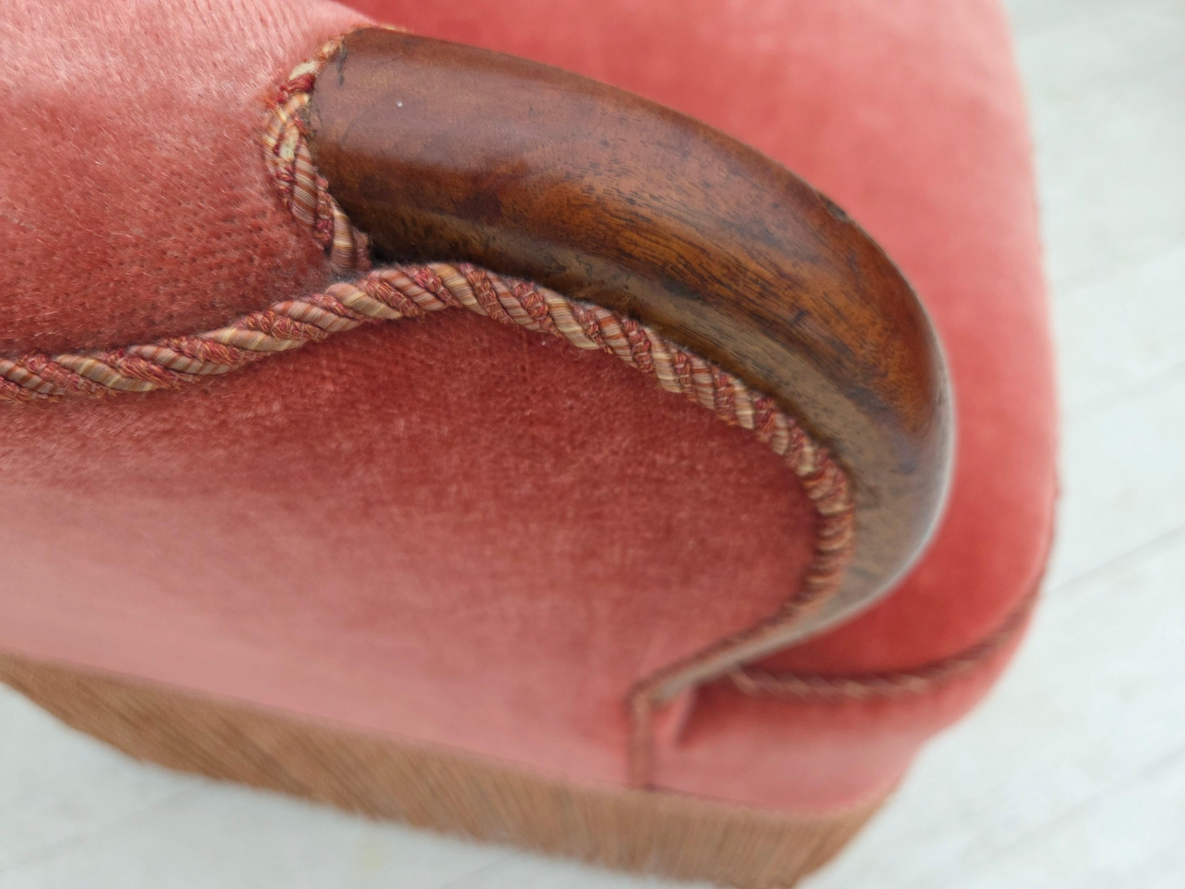 1930s, Danish 2-seater sofa, salmon pink furniture velour, ash wood. 1