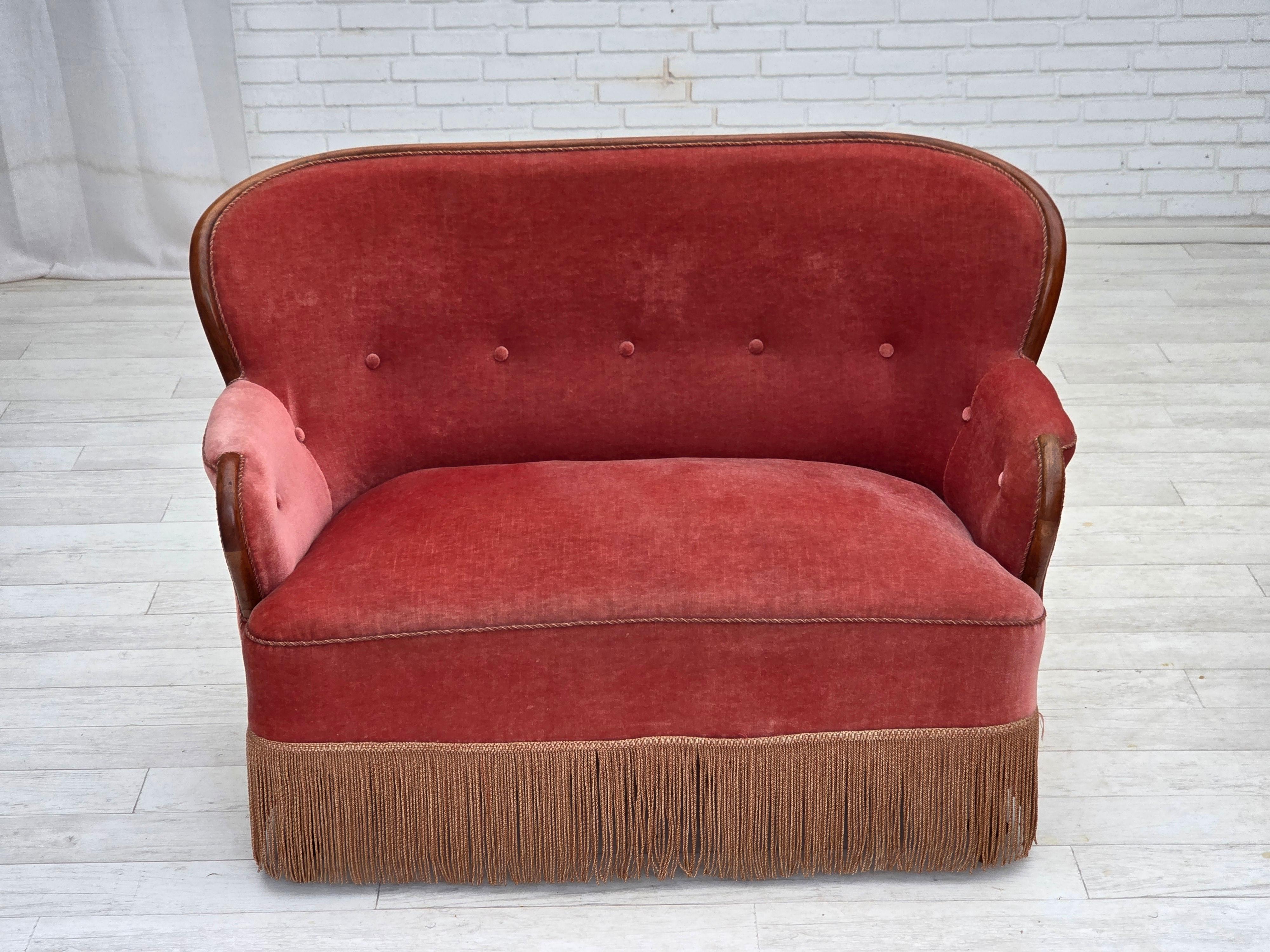 1930s, Danish 2-seater sofa, salmon pink furniture velour, ash wood. 2
