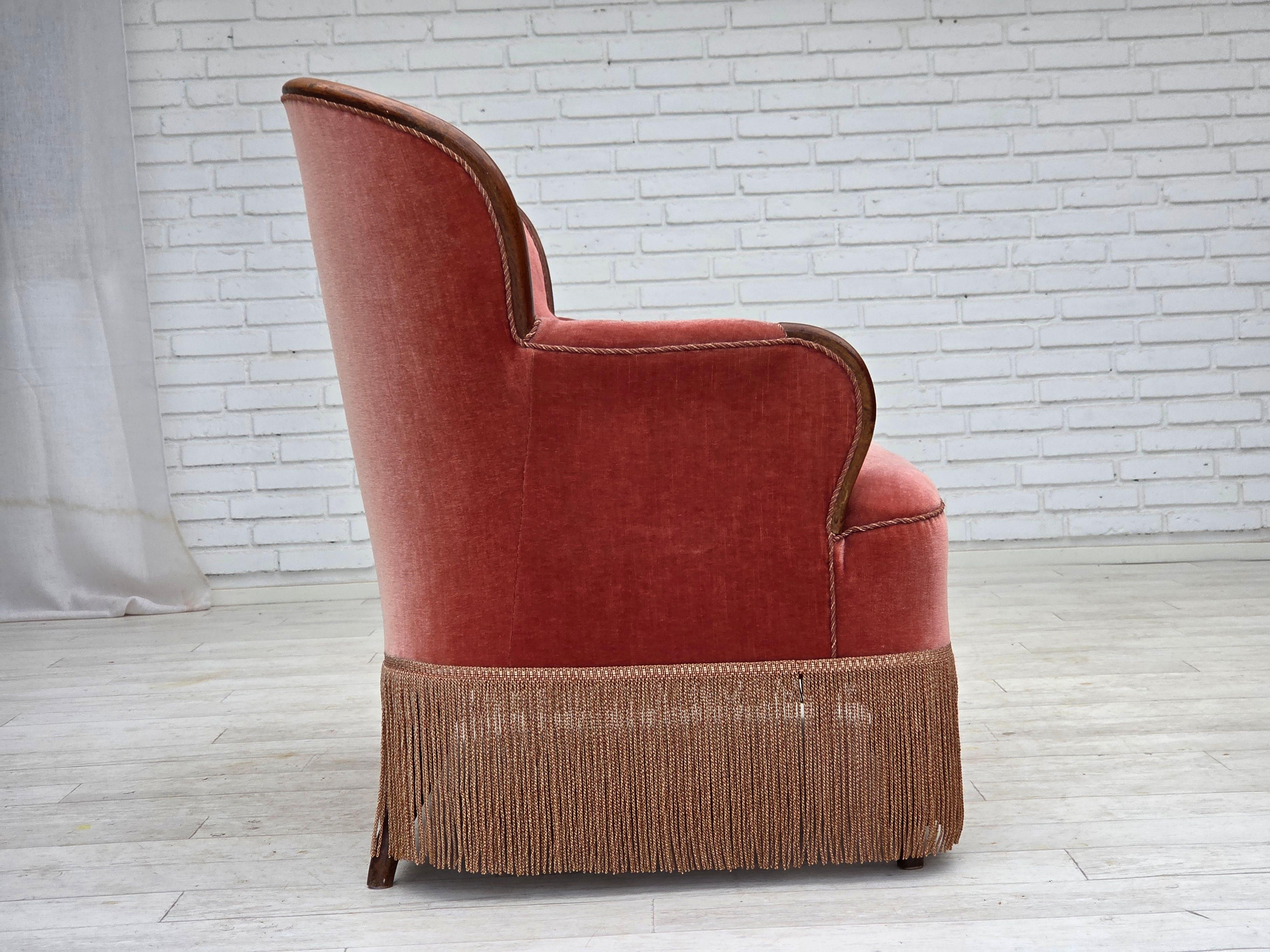 1930s, Danish 2-seater sofa, salmon pink furniture velour, ash wood. 3