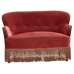 1930s, Danish 2-seater sofa, salmon pink furniture velour, ash wood.