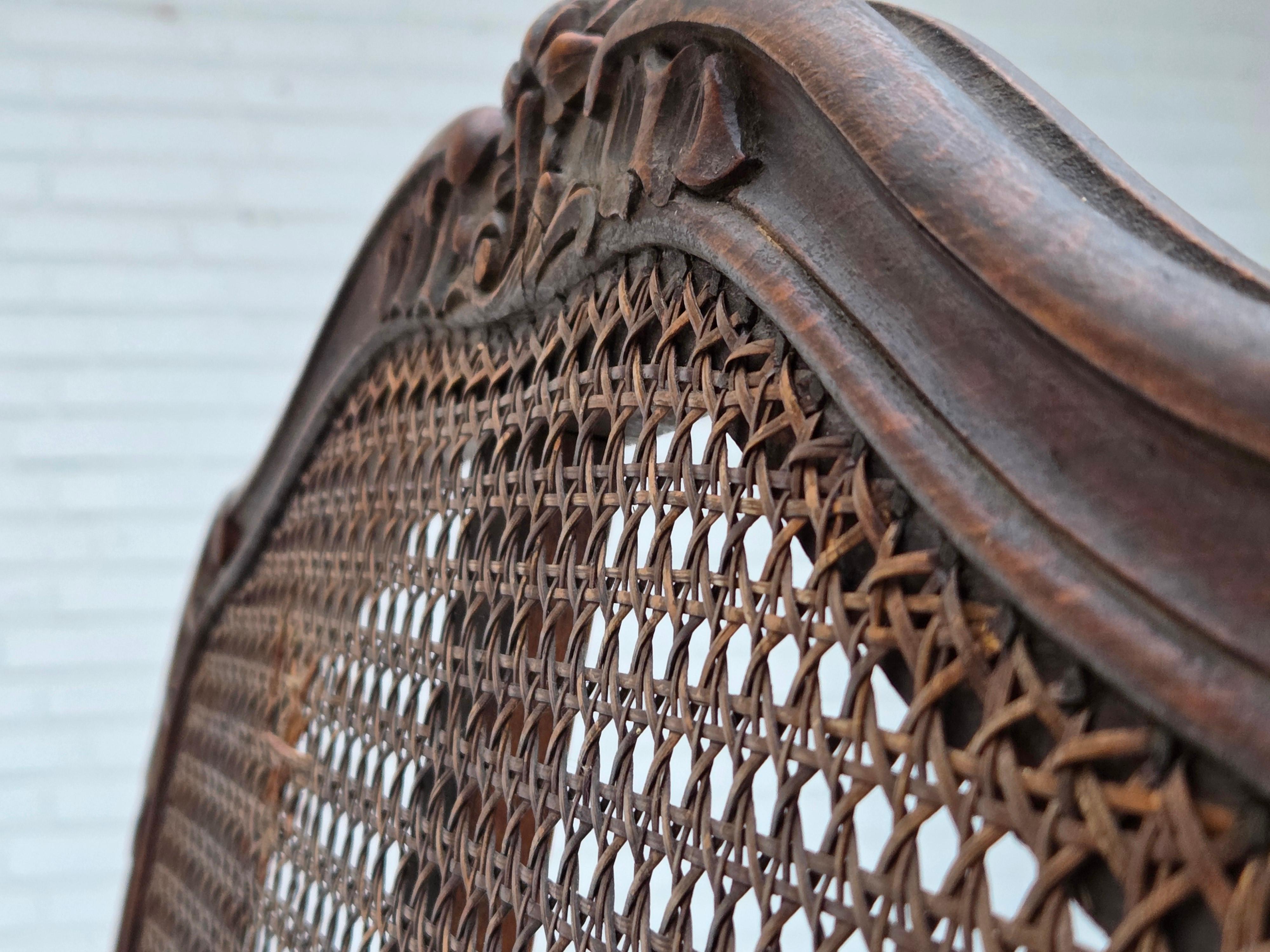 Años 30, sillón danés, cuero, madera de fresno, malla para muebles, retapizado. en venta 8