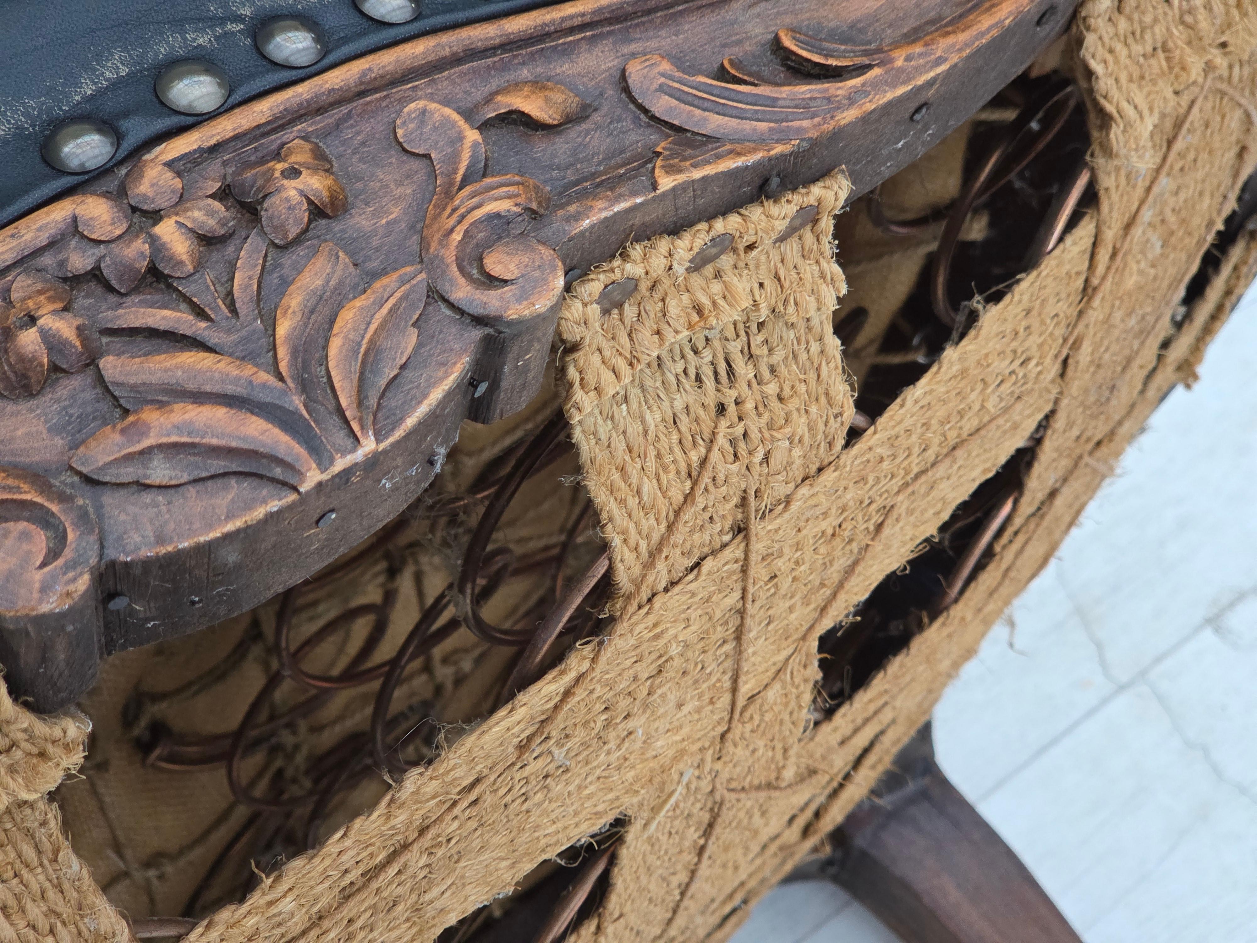 Años 30, sillón danés, cuero, madera de fresno, malla para muebles, retapizado. en venta 13