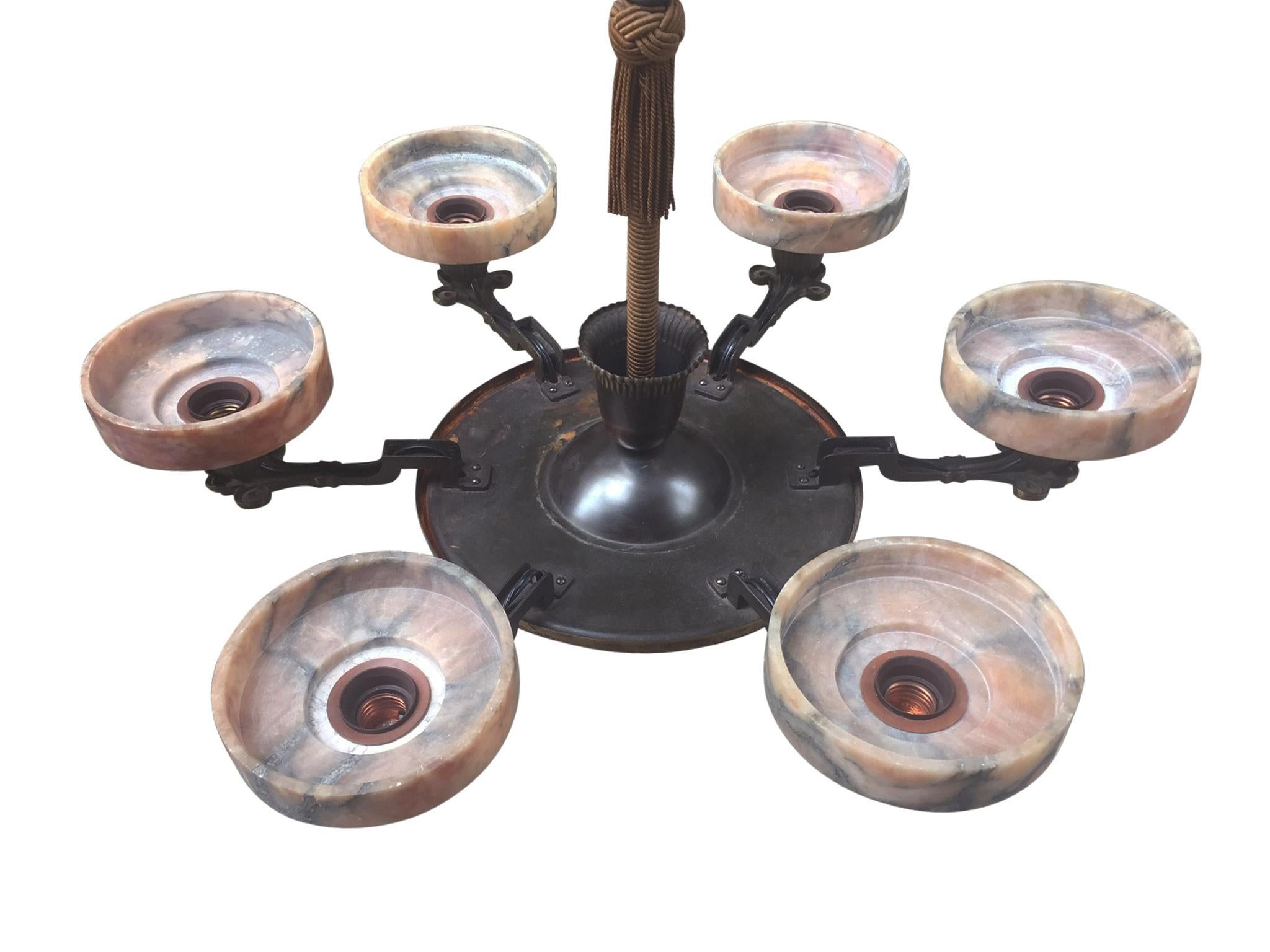 1930s Danish Art Deco Bronze and Marble Chandelier In Good Condition In New York, NY
