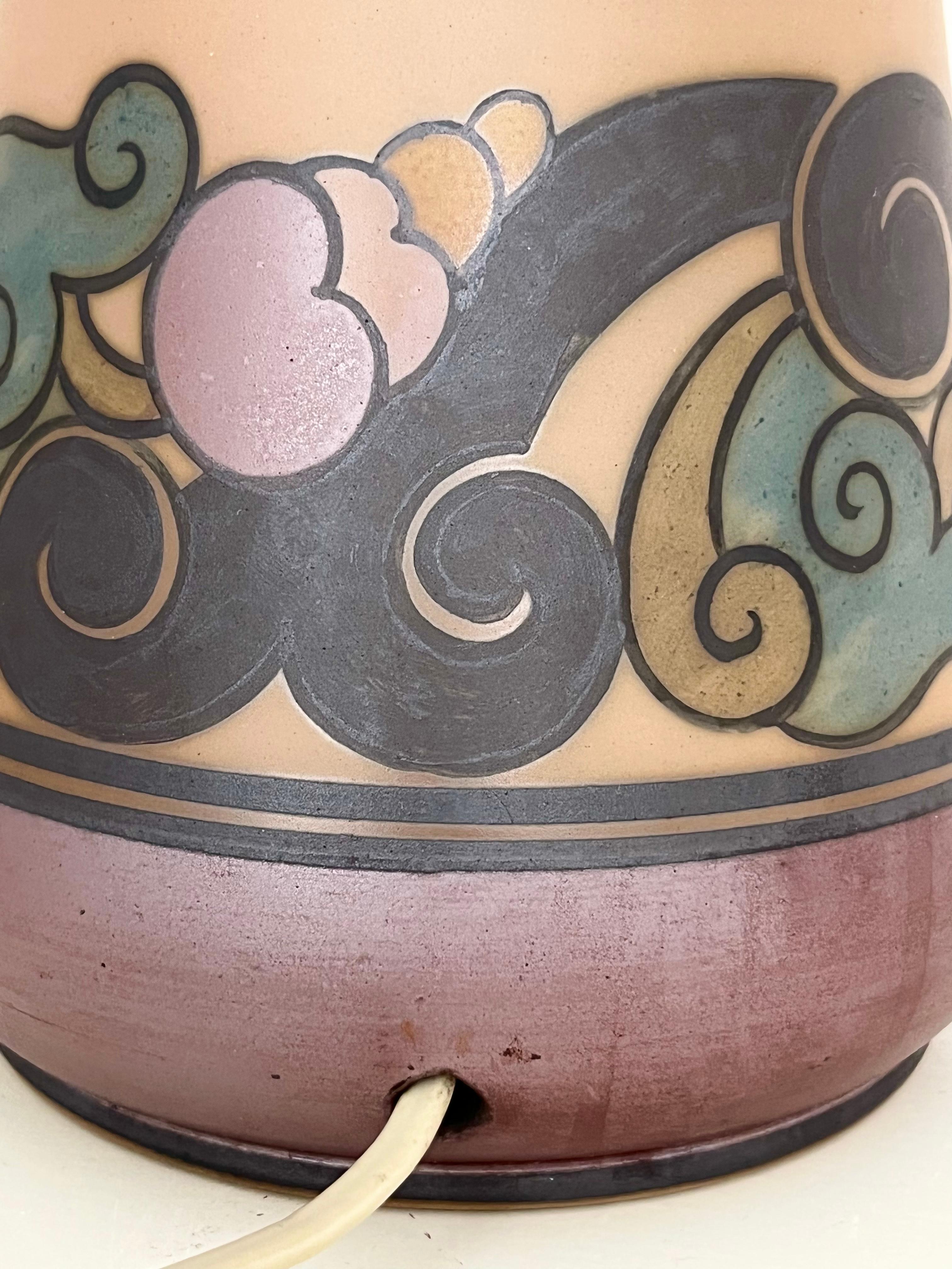 1930s Danish art nouveau ceramic hand decorated table lamp by L. Hjort For Sale 8