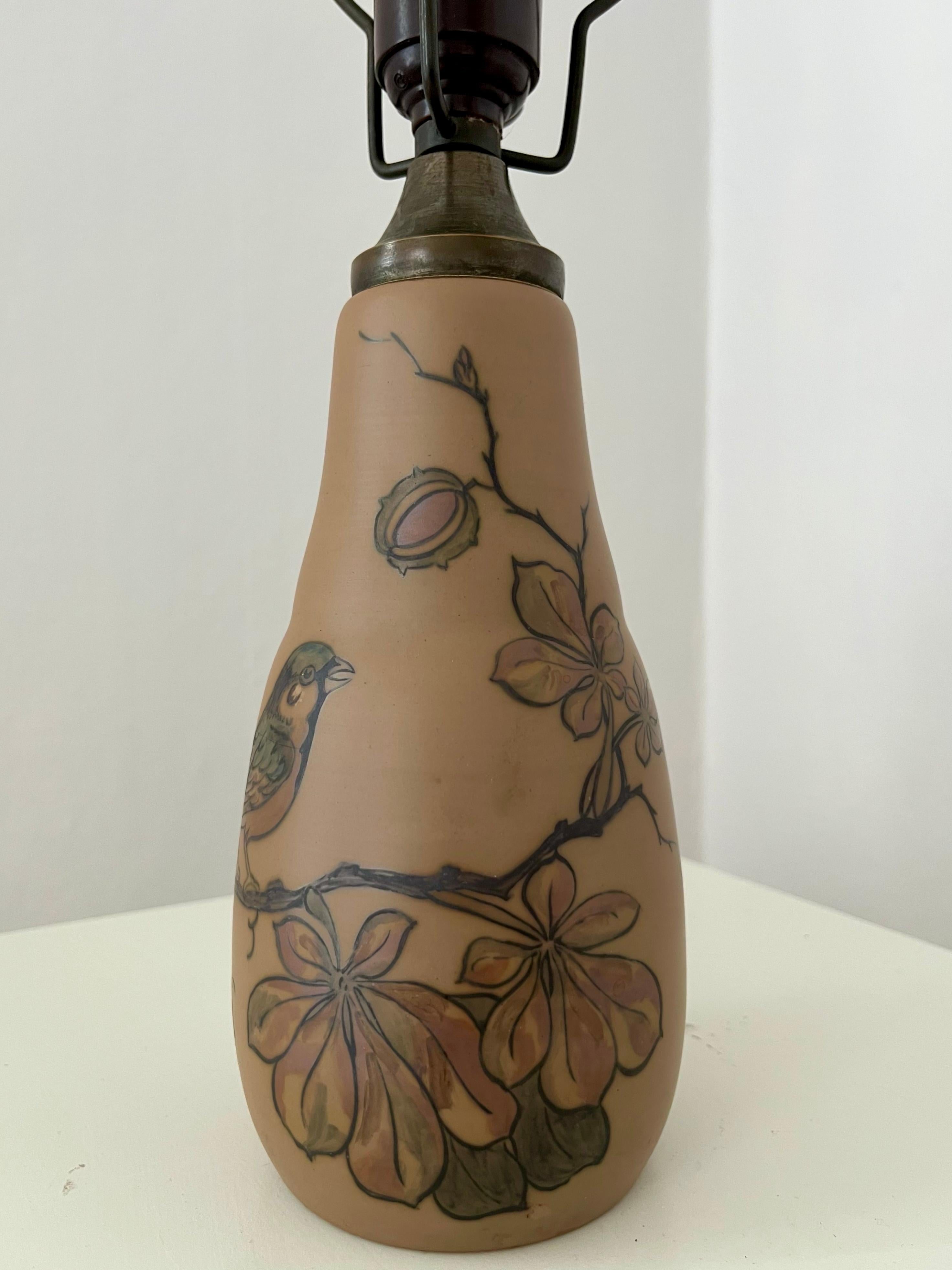 Hand-Painted 1930s Danish art nouveau ceramic hand decorated table lamp by L. Hjort For Sale