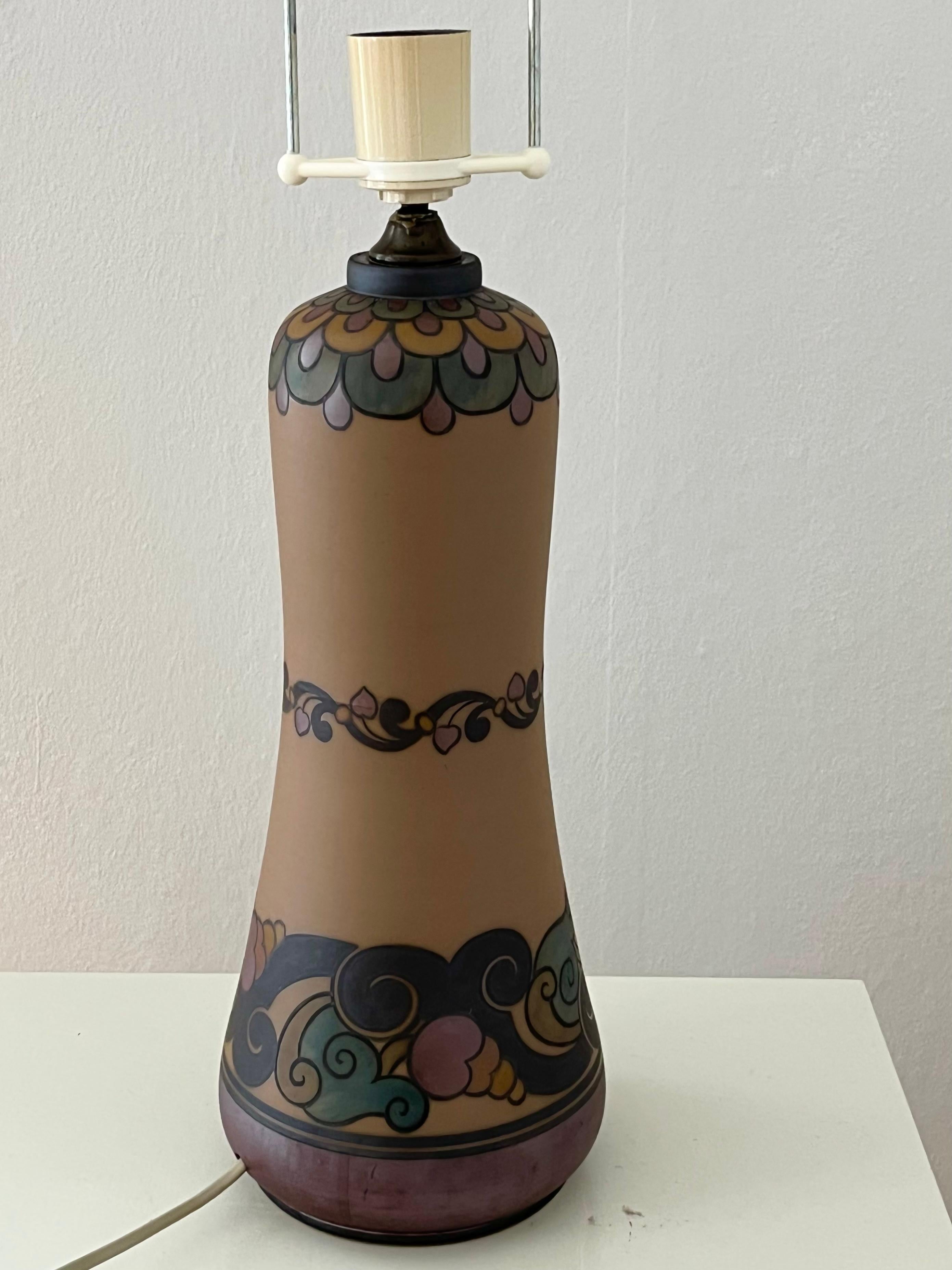 20th Century 1930s Danish art nouveau ceramic hand decorated table lamp by L. Hjort For Sale