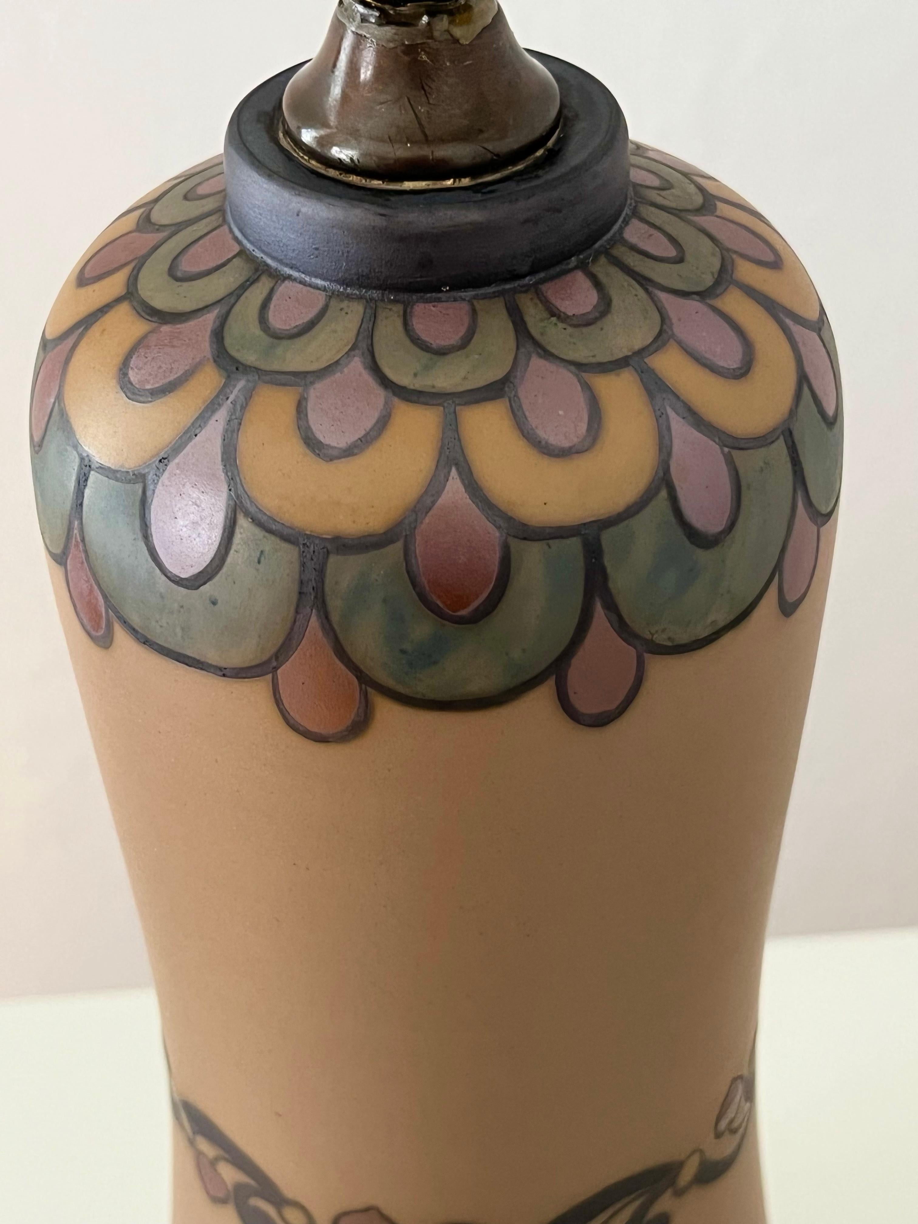 Ceramic 1930s Danish art nouveau ceramic hand decorated table lamp by L. Hjort For Sale
