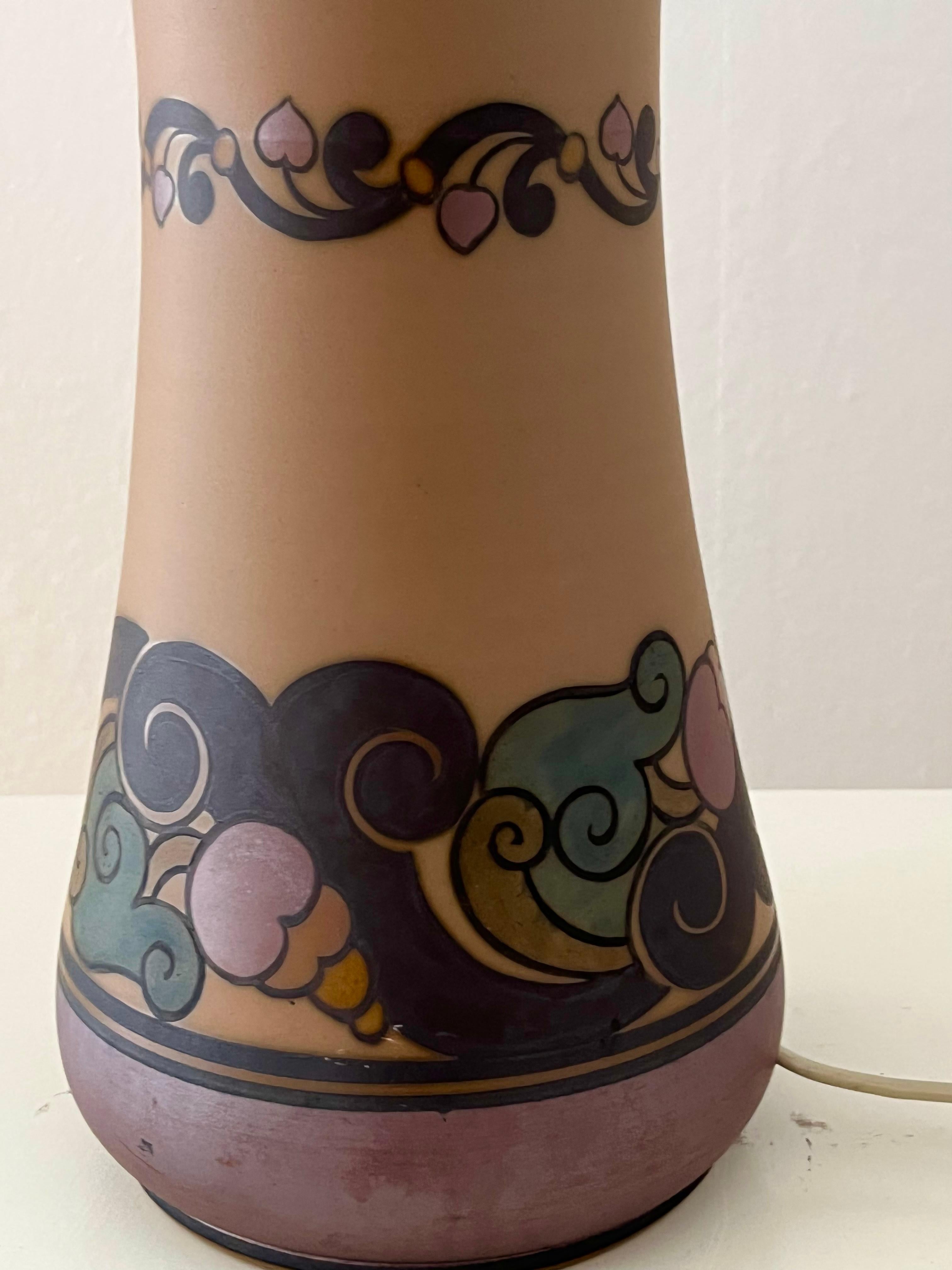 1930s Danish art nouveau ceramic hand decorated table lamp by L. Hjort For Sale 1