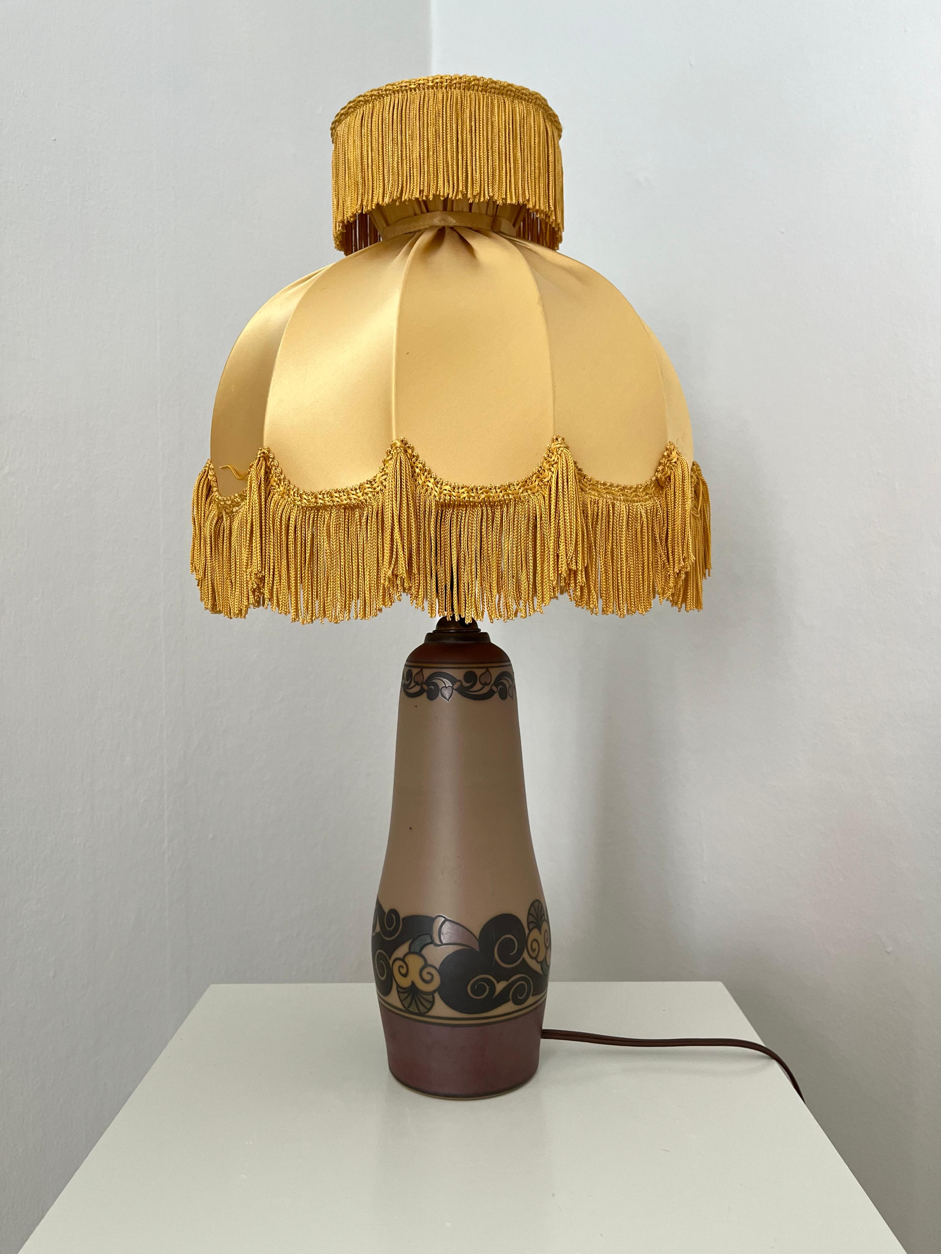 1930s Danish art nouveau ceramic hand decorated table lamp by L. Hjort For Sale 3