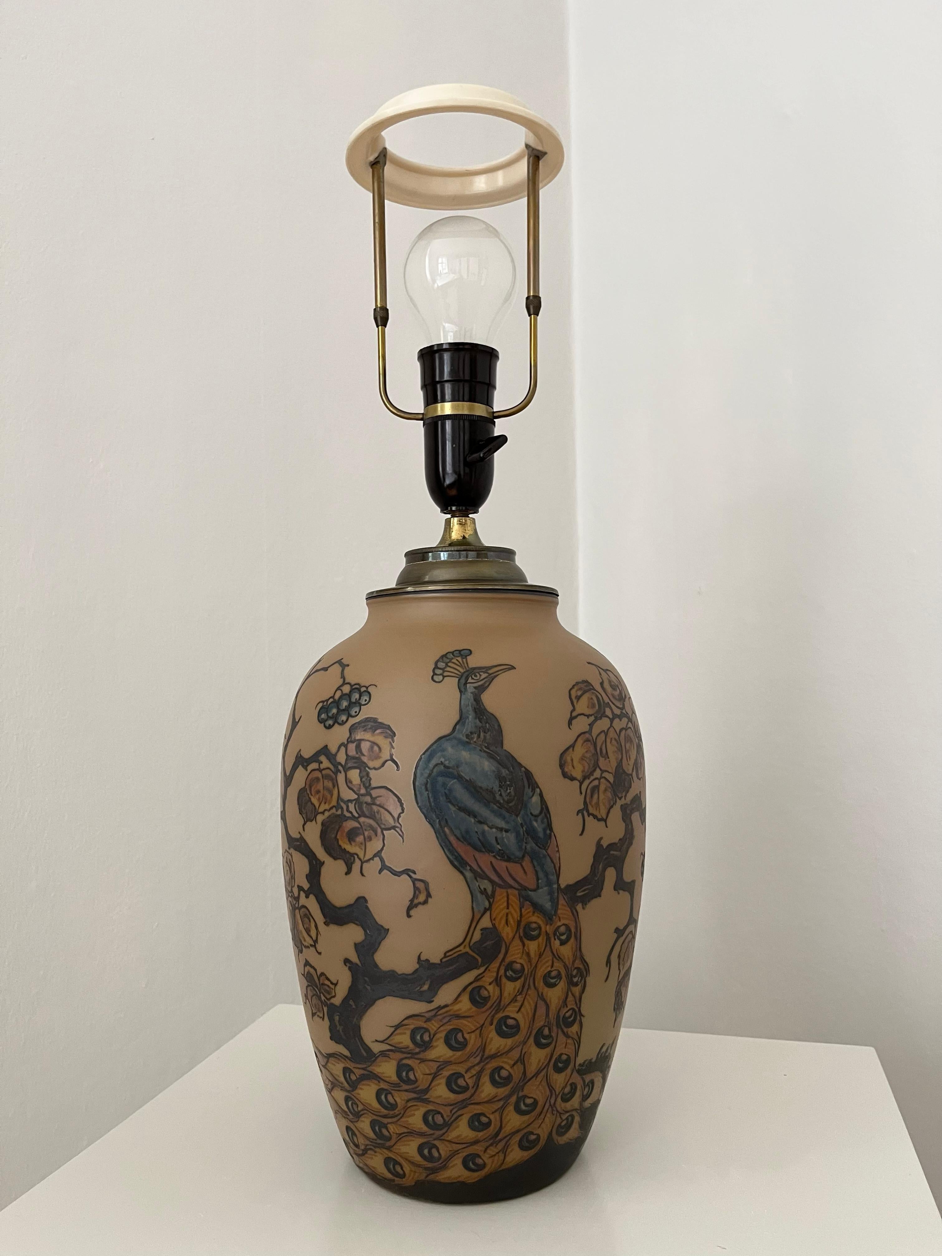 Art Nouveau 1930s Danish art nouveau ceramic table lamp decorated with peacock by L. Hjort