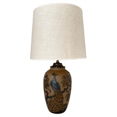 Vintage 1930s Danish art nouveau ceramic table lamp decorated with peacock by L. Hjort