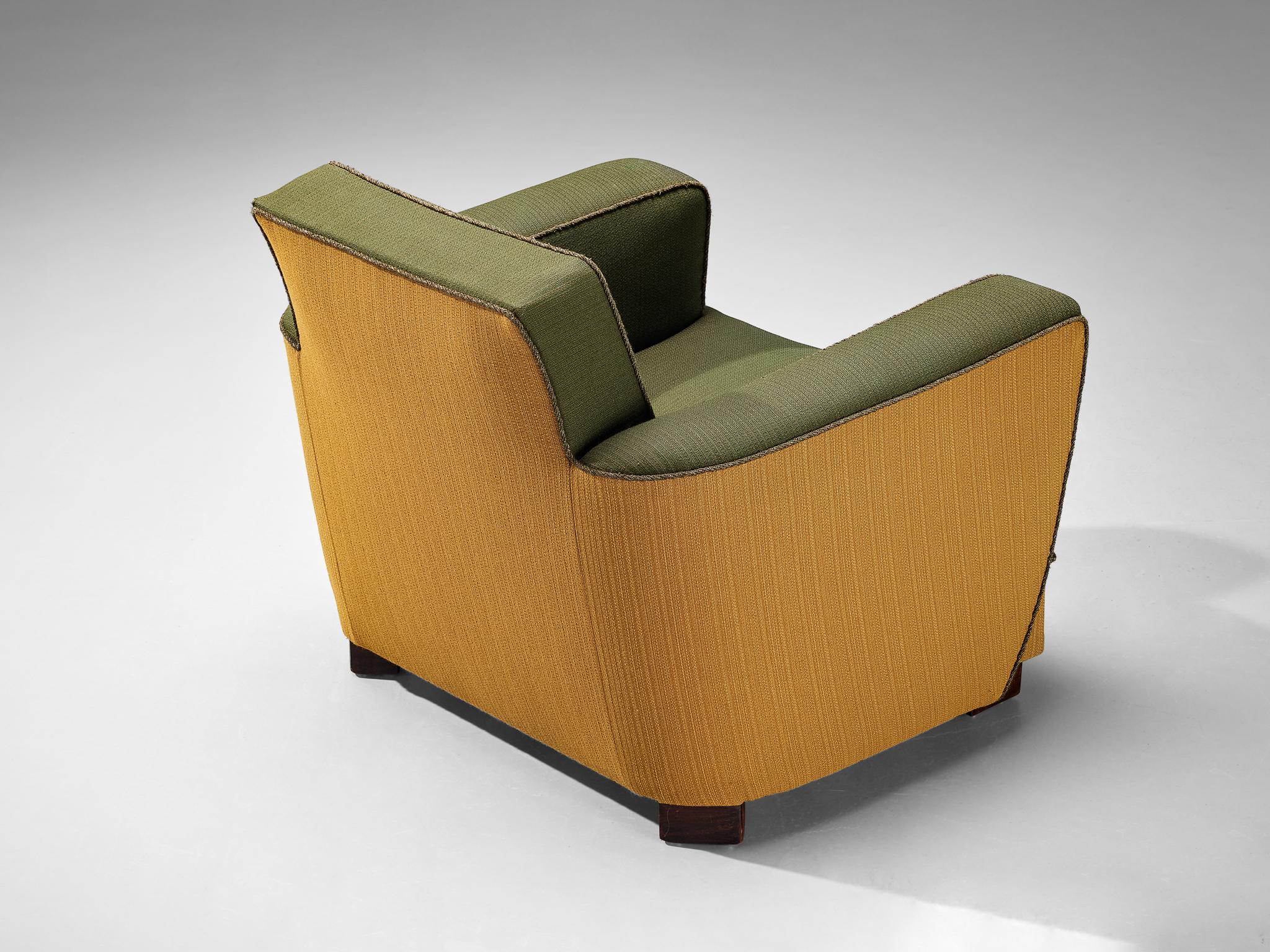 Dänischer dänischer Schreinerstuhl Easy Chair mit grünem und gelbem Originalstoff, 1930er Jahre im Zustand „Gut“ im Angebot in Waalwijk, NL