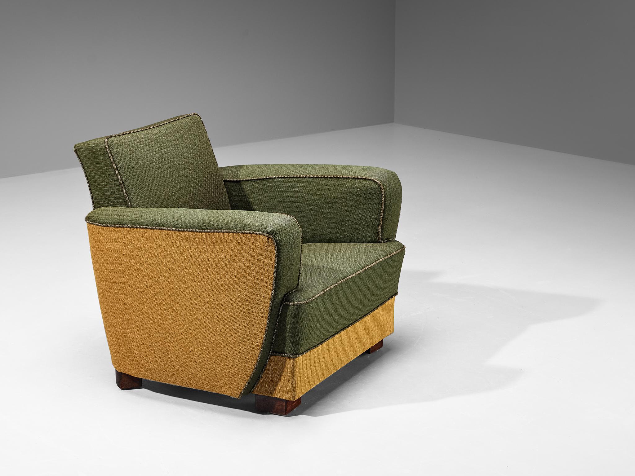 Dänischer dänischer Schreinerstuhl Easy Chair mit grünem und gelbem Originalstoff, 1930er Jahre im Angebot 2