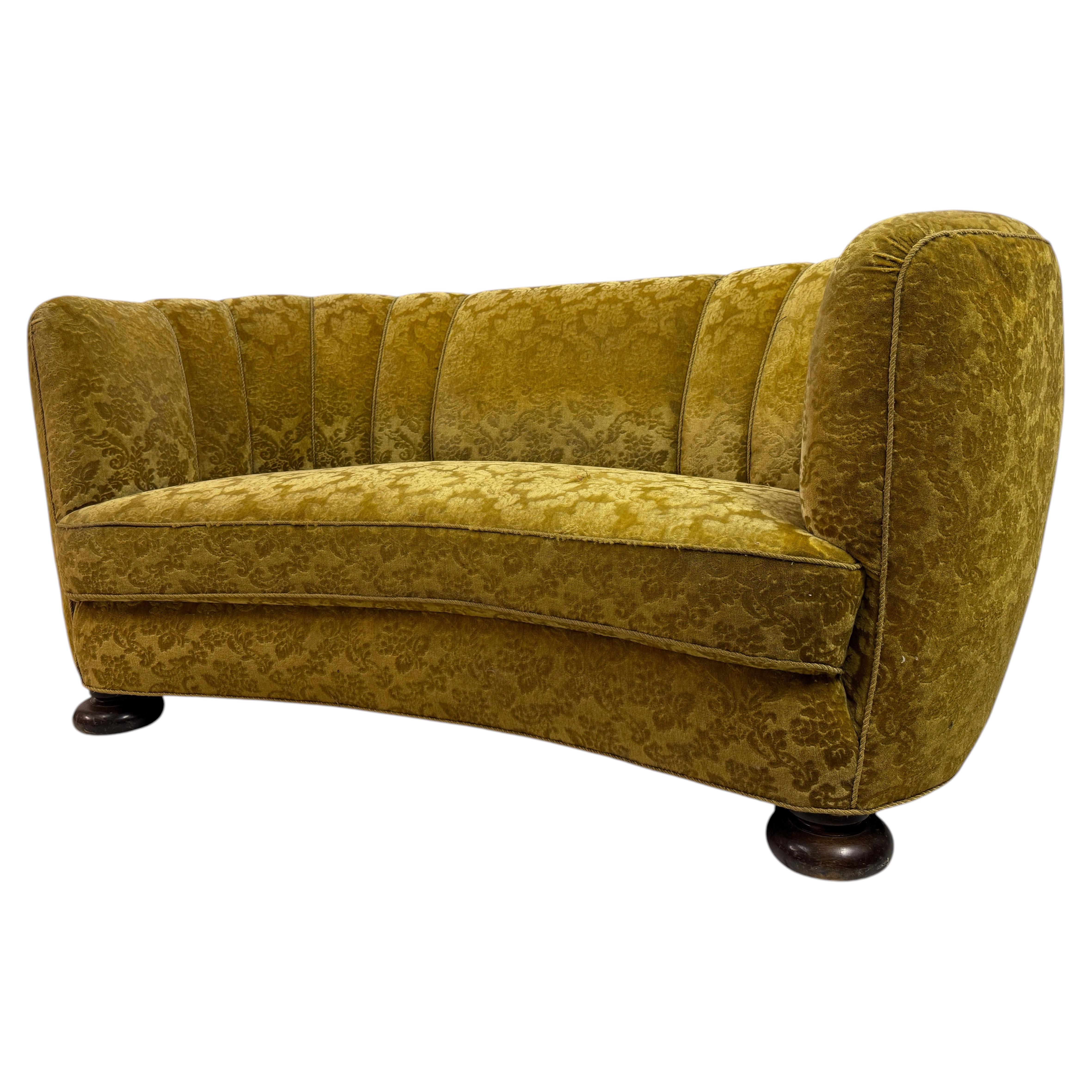 Danish Curved Banana Sofa, Velvet Upholstery, Art Deco, Circa 1930s